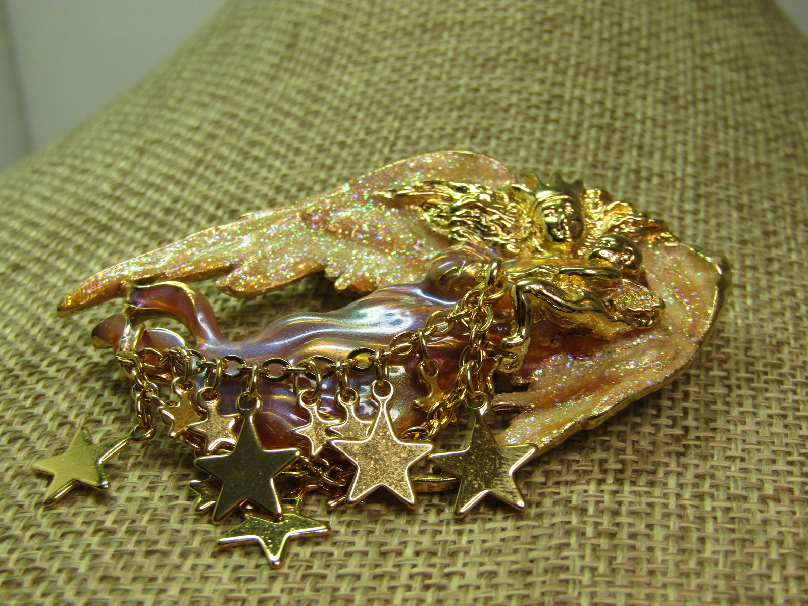 Enameled/Glittered Angel and Cherub Brooch, Dangling Stars, Signed Kirk's Folly, 1990's - 4
