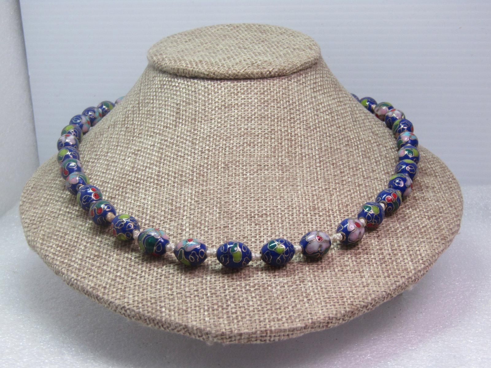 Vintage Blue Cloisonne Beaded Necklace, Floral, 20" , Knotted, 1970's-1980's - 2