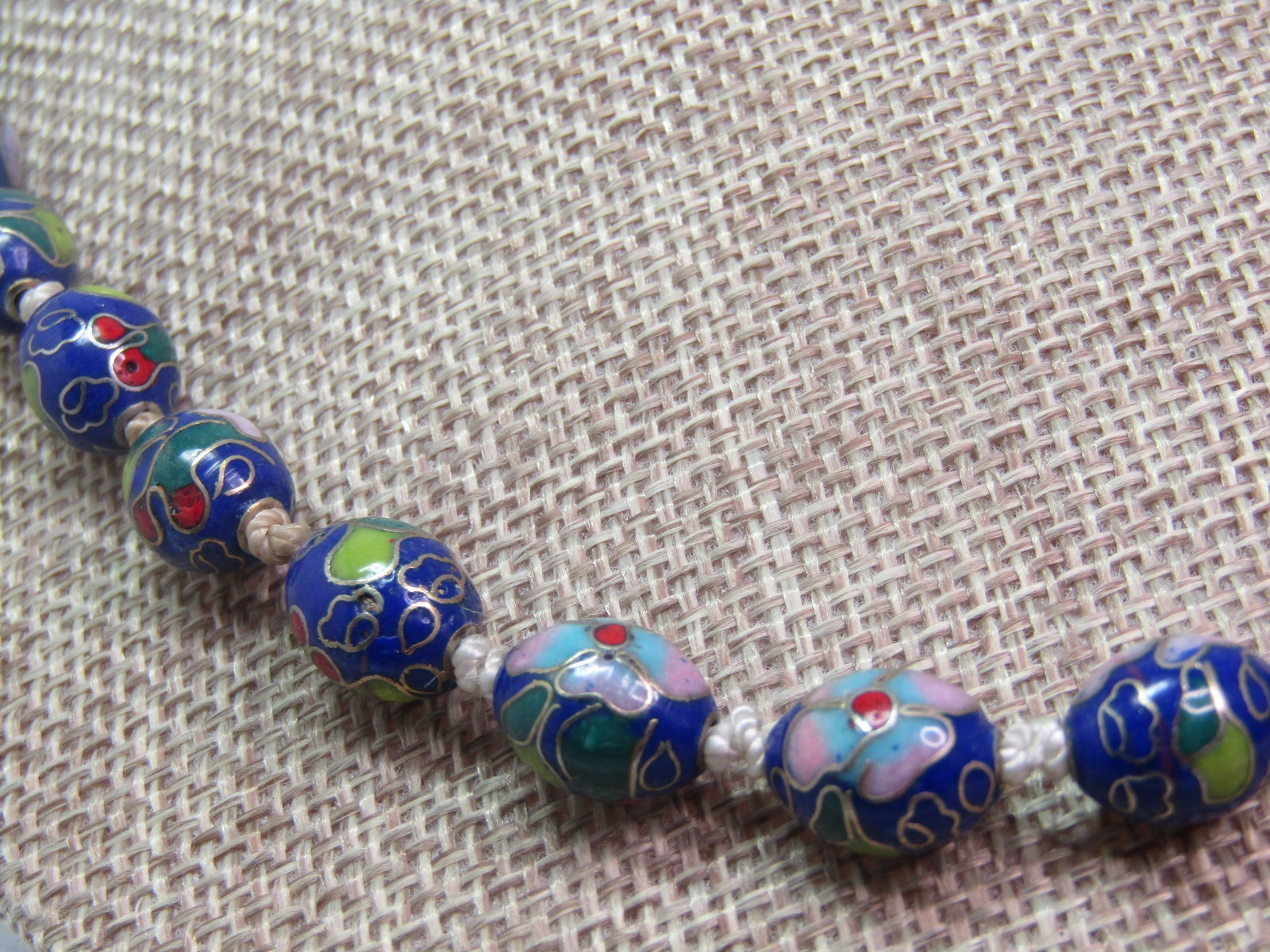 Vintage Blue Cloisonne Beaded Necklace, Floral, 20" , Knotted, 1970's-1980's - 3