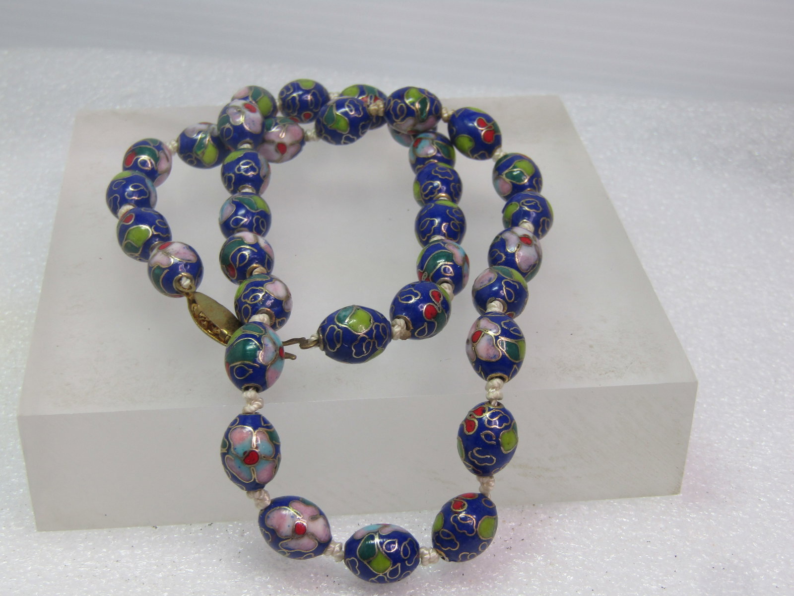 Vintage Blue Cloisonne Beaded Necklace, Floral, 20" , Knotted, 1970's-1980's - 5