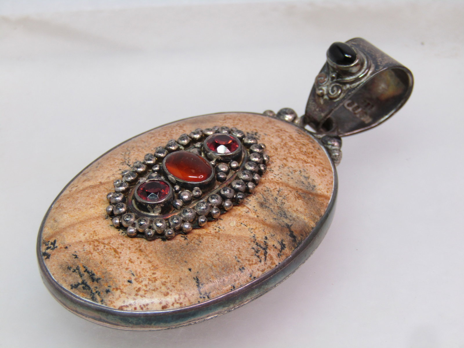 Vintage Sterling Bali Pendant with Onyx, Garnet, Agate, 1980's-1990's, Signed Sajen - 3