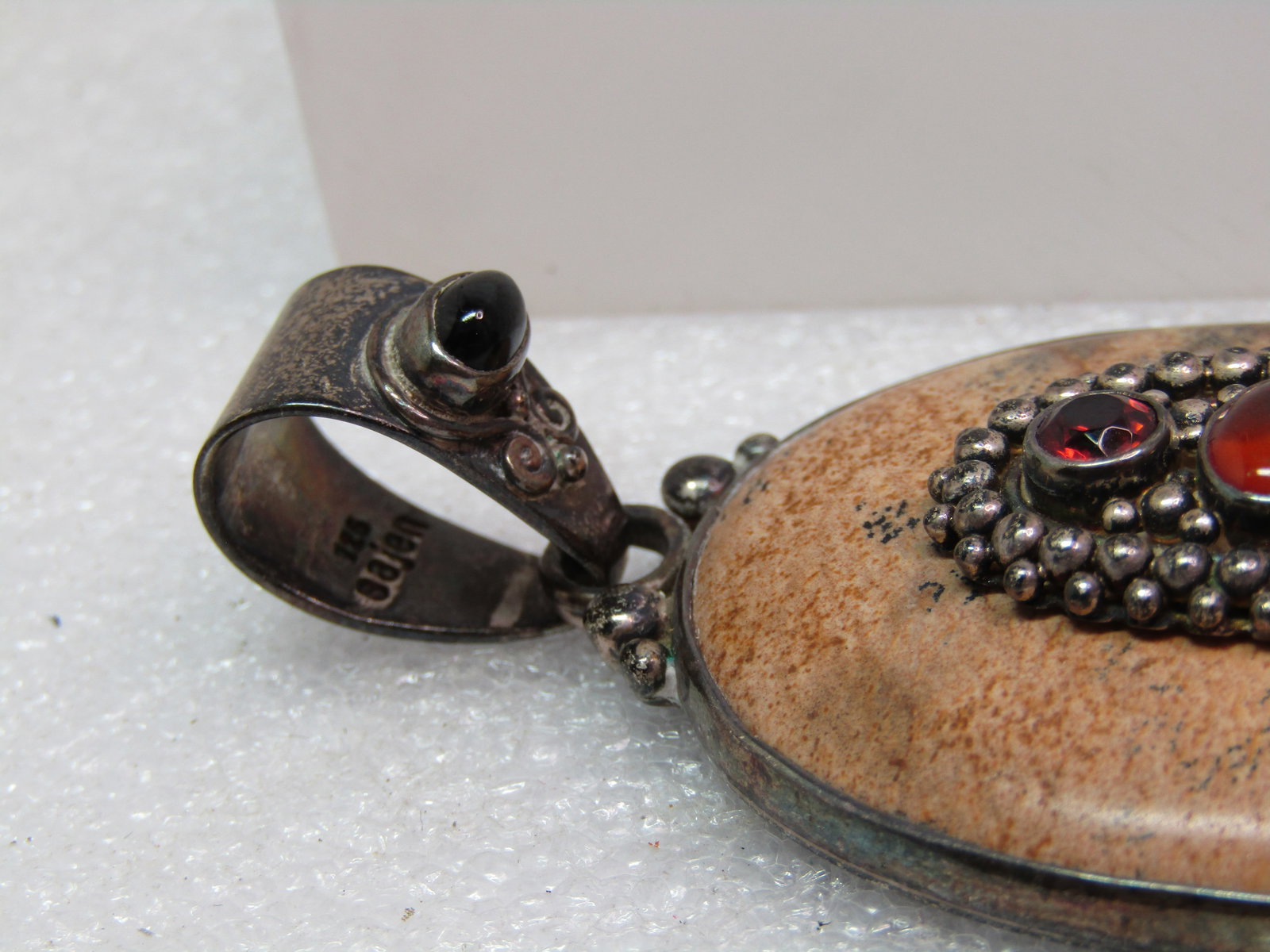 Vintage Sterling Bali Pendant with Onyx, Garnet, Agate, 1980's-1990's, Signed Sajen - 6