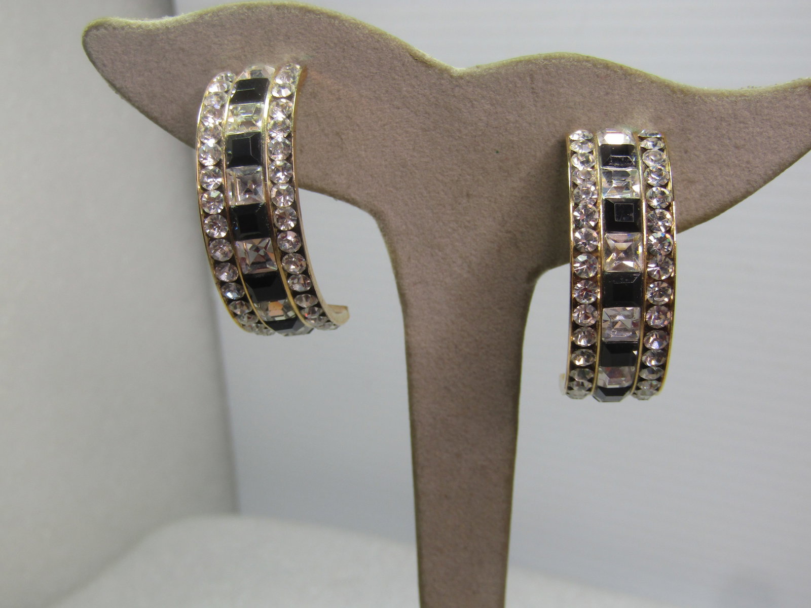 Vintage Black & Clear Rhinestone Half-Hoop Earrings, Pierced, 1980's-1990's - 2