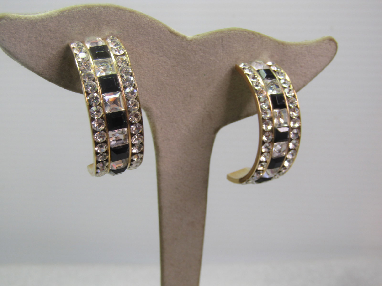 Vintage Black & Clear Rhinestone Half-Hoop Earrings, Pierced, 1980's-1990's - 3