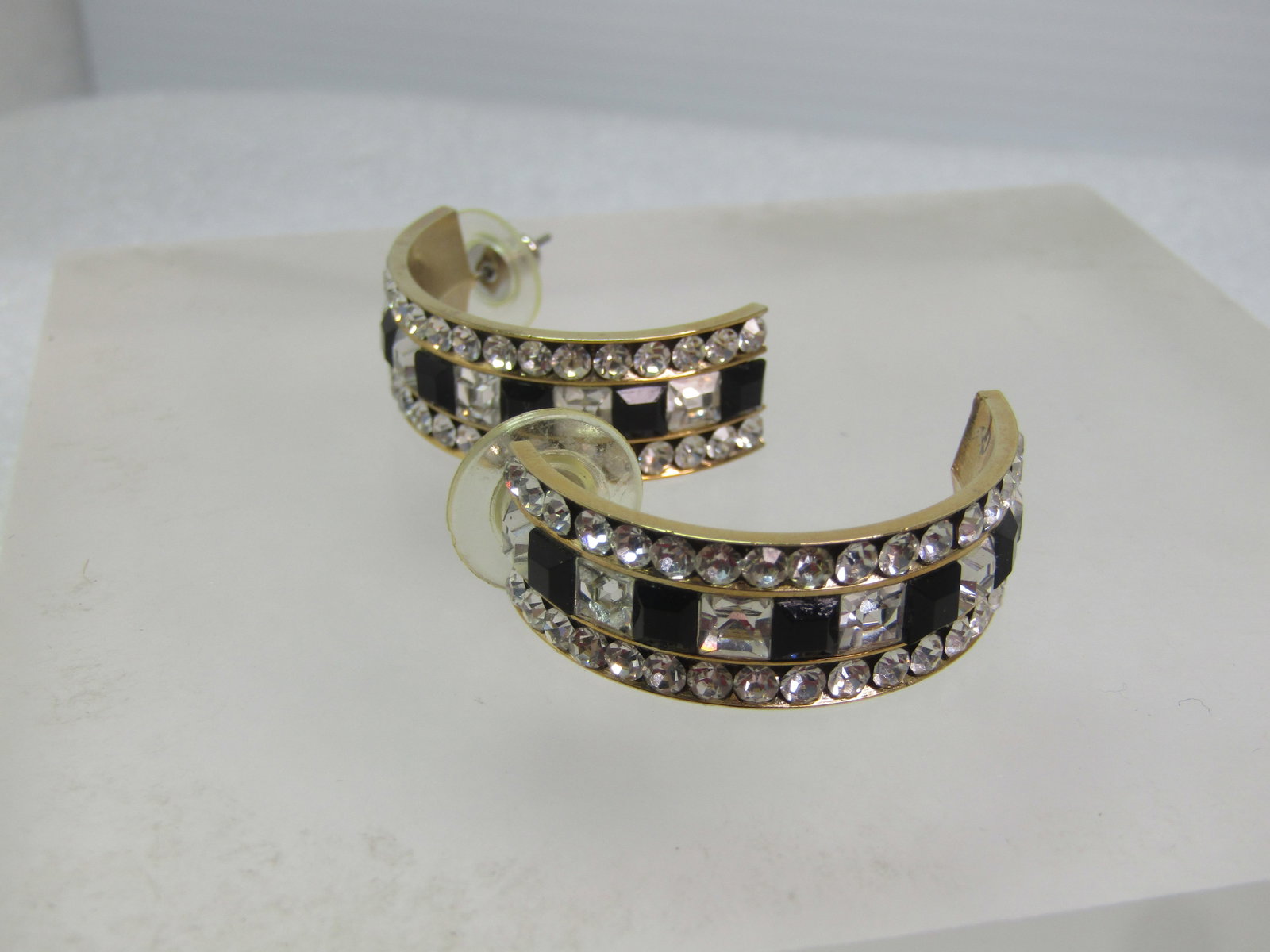 Vintage Black & Clear Rhinestone Half-Hoop Earrings, Pierced, 1980's-1990's - 4