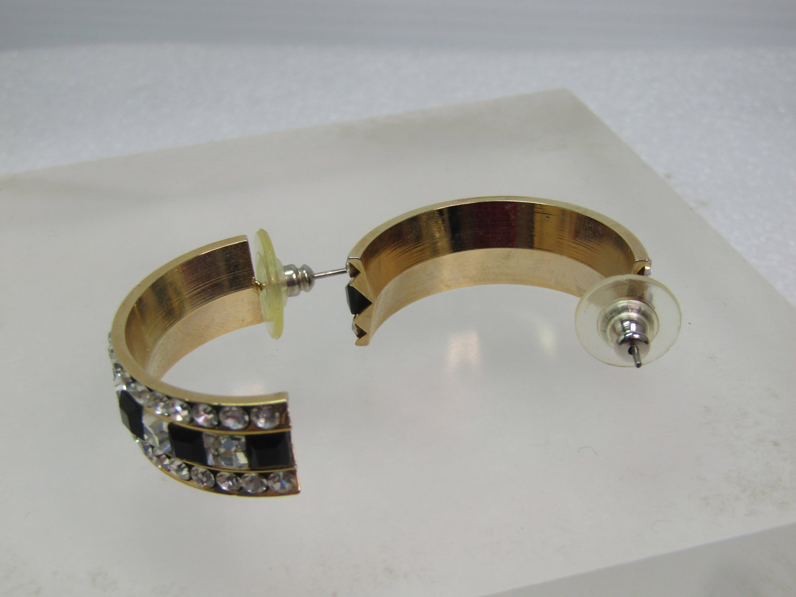 Vintage Black & Clear Rhinestone Half-Hoop Earrings, Pierced, 1980's-1990's - 5