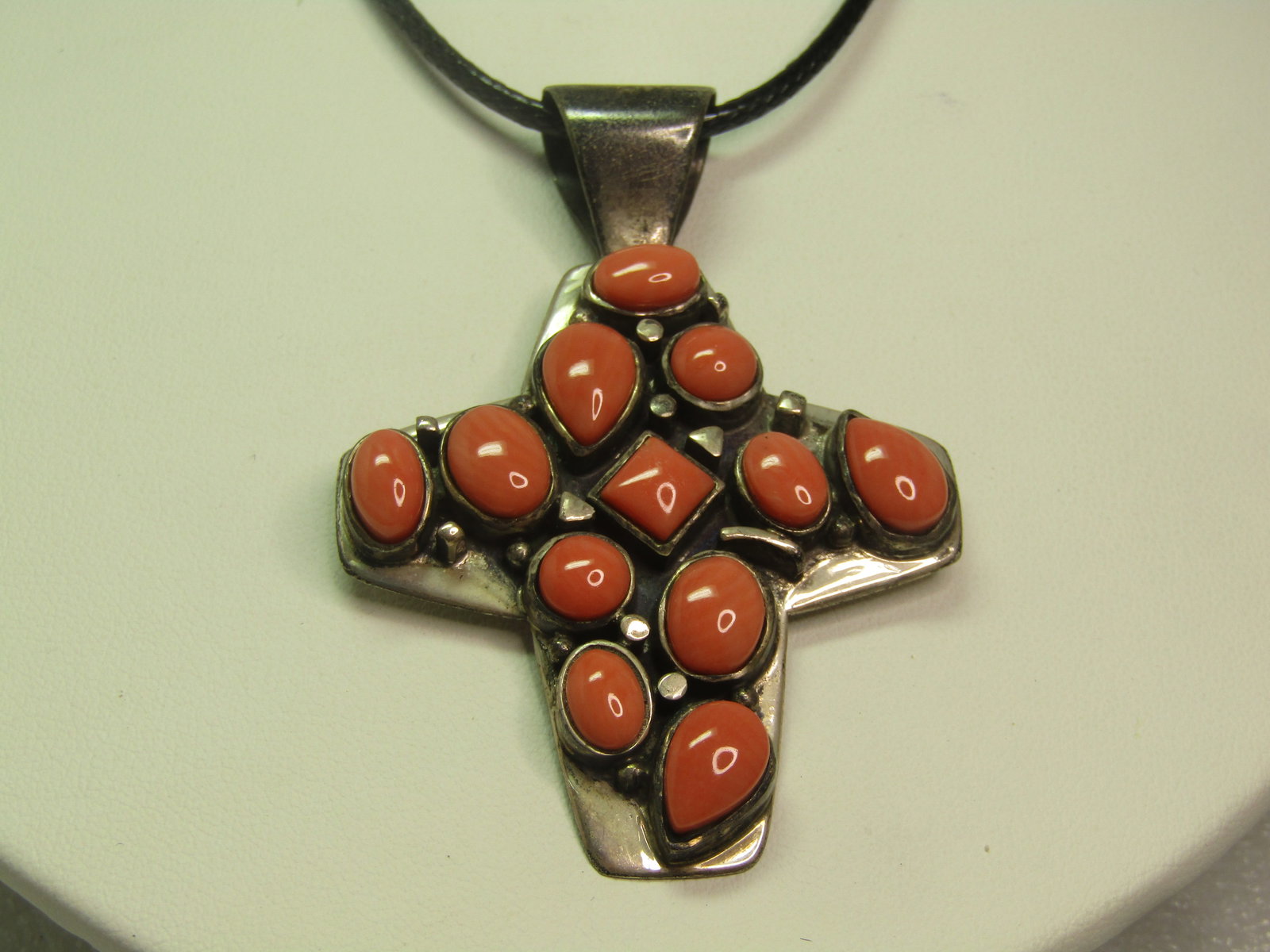 Sterling Coral Cross Pendant, Jay King, 24" Black Cord Necklace - 2