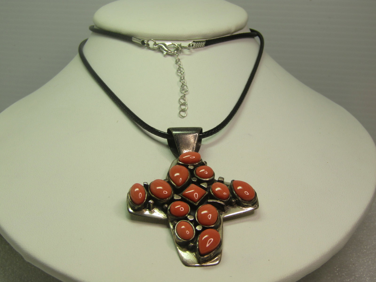 Sterling Coral Cross Pendant, Jay King, 24" Black Cord Necklace - 3