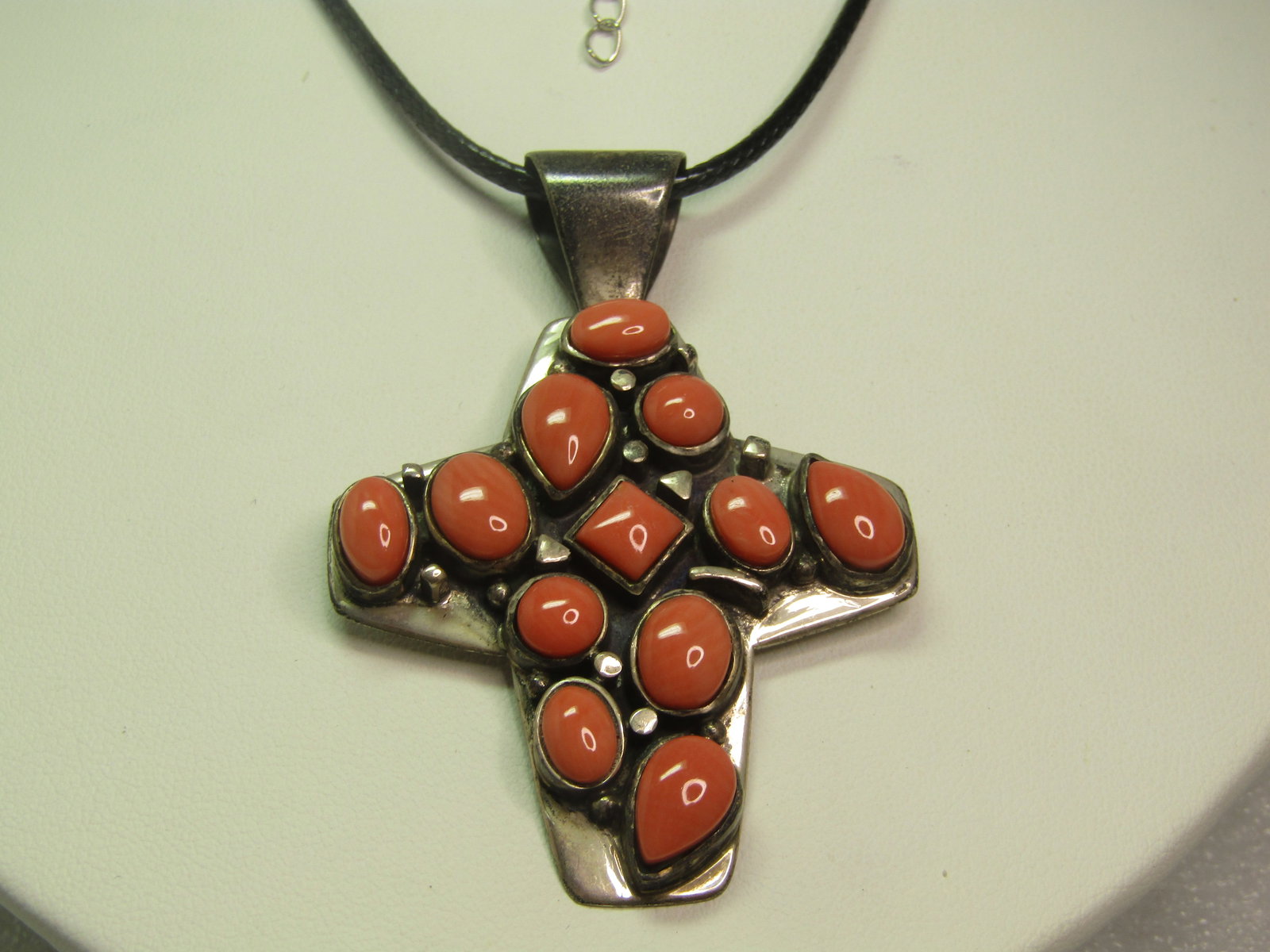 Sterling Coral Cross Pendant, Jay King, 24" Black Cord Necklace - 4