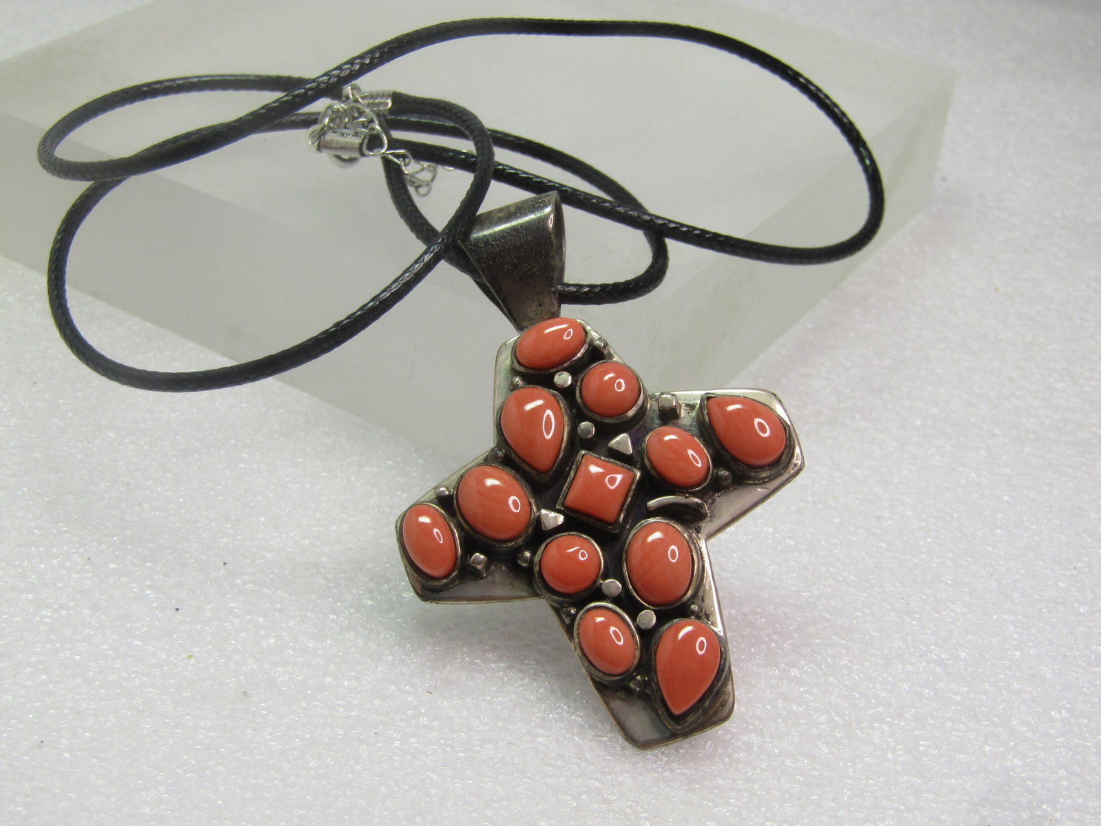 Sterling Coral Cross Pendant, Jay King, 24" Black Cord Necklace - 6