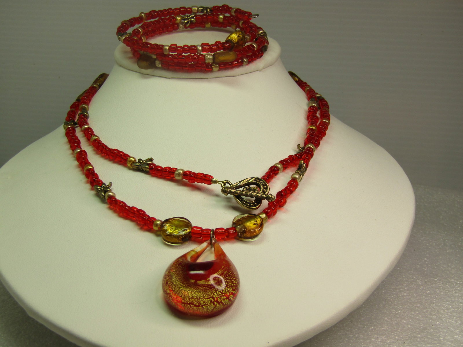 Vintage Red Glass Drop Necklace & Coiled Bracelet Set, 1980's-1990's - 2