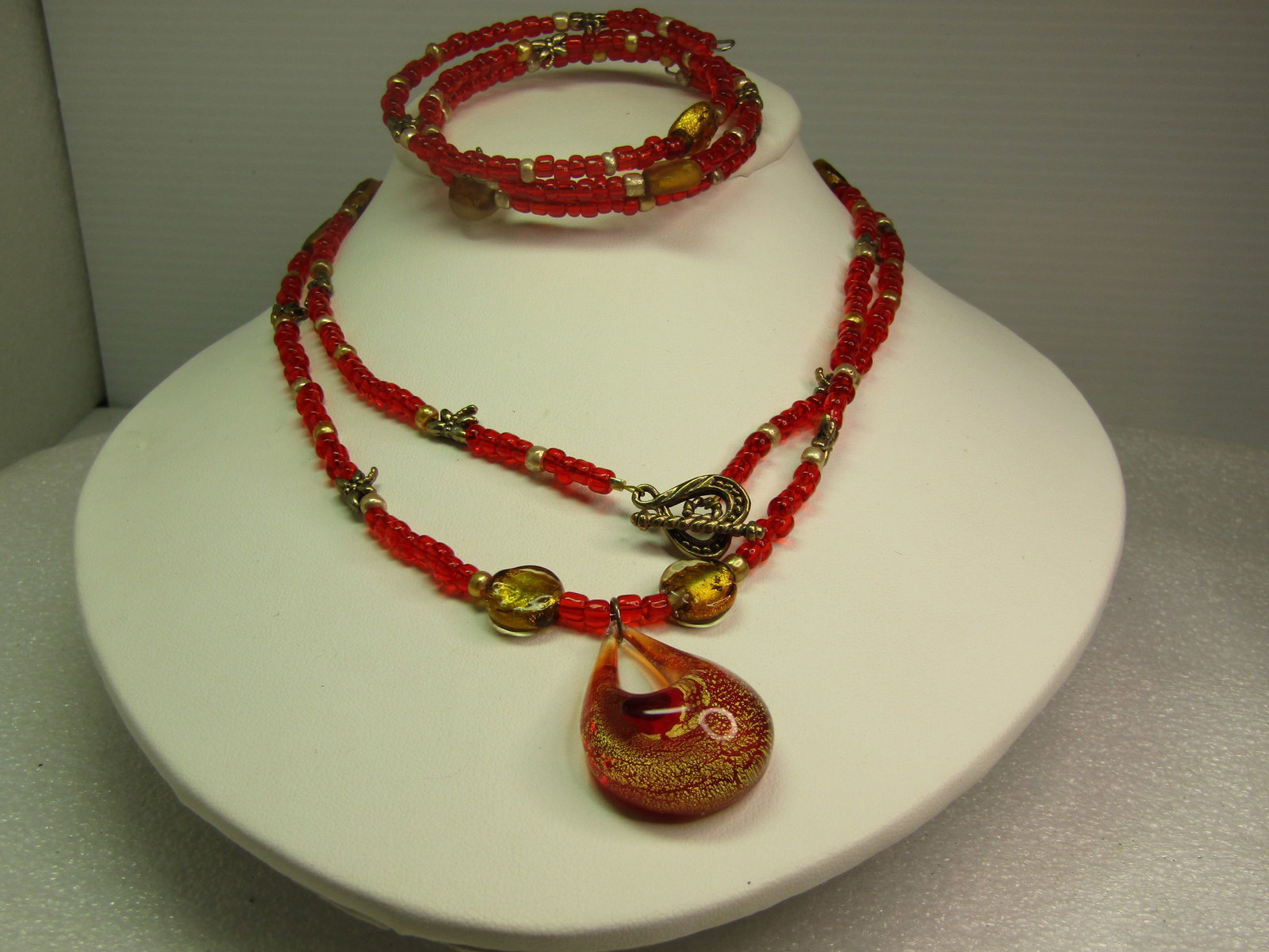 Vintage Red Glass Drop Necklace & Coiled Bracelet Set, 1980's-1990's - 3