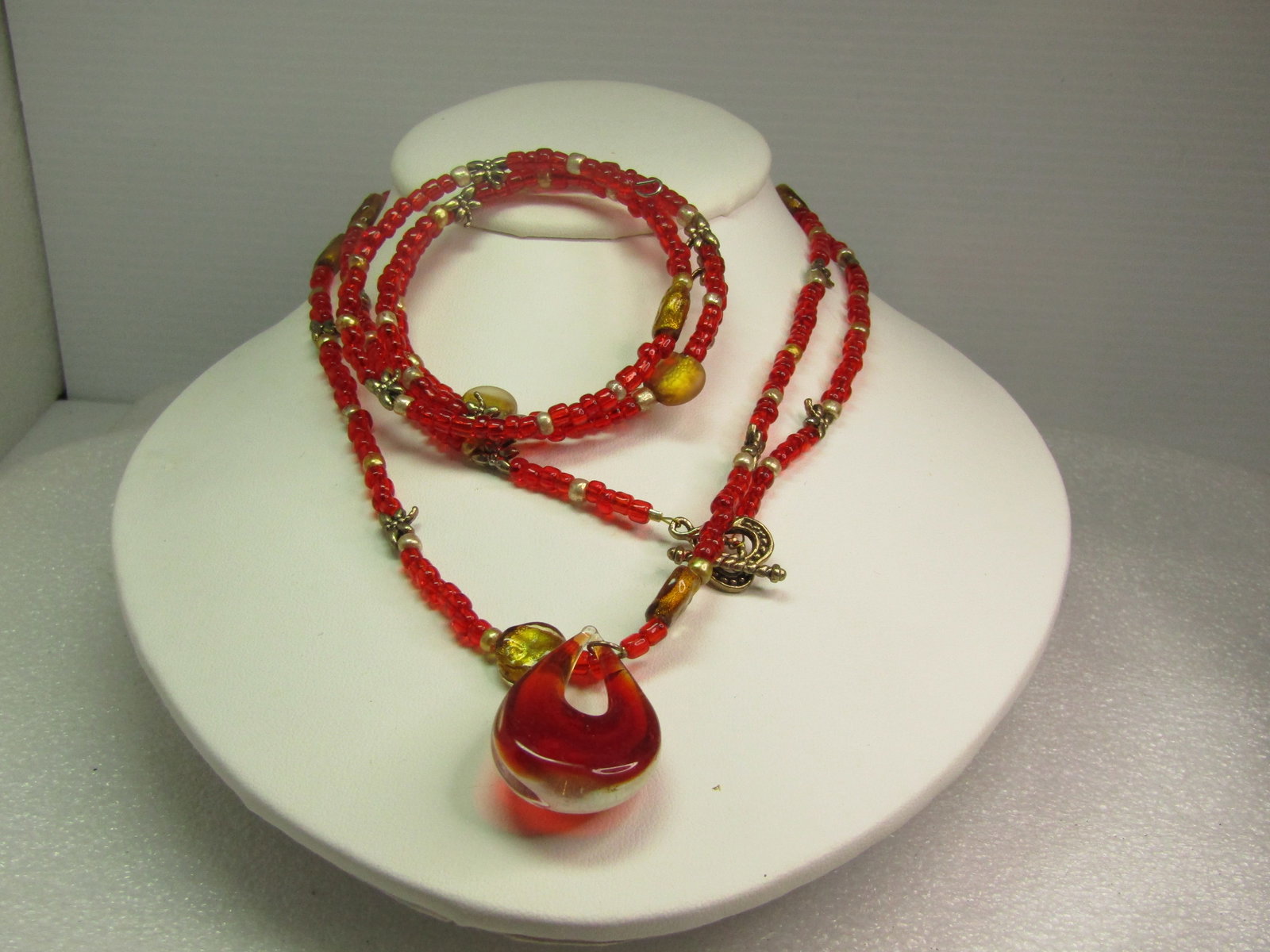 Vintage Red Glass Drop Necklace & Coiled Bracelet Set, 1980's-1990's - 4