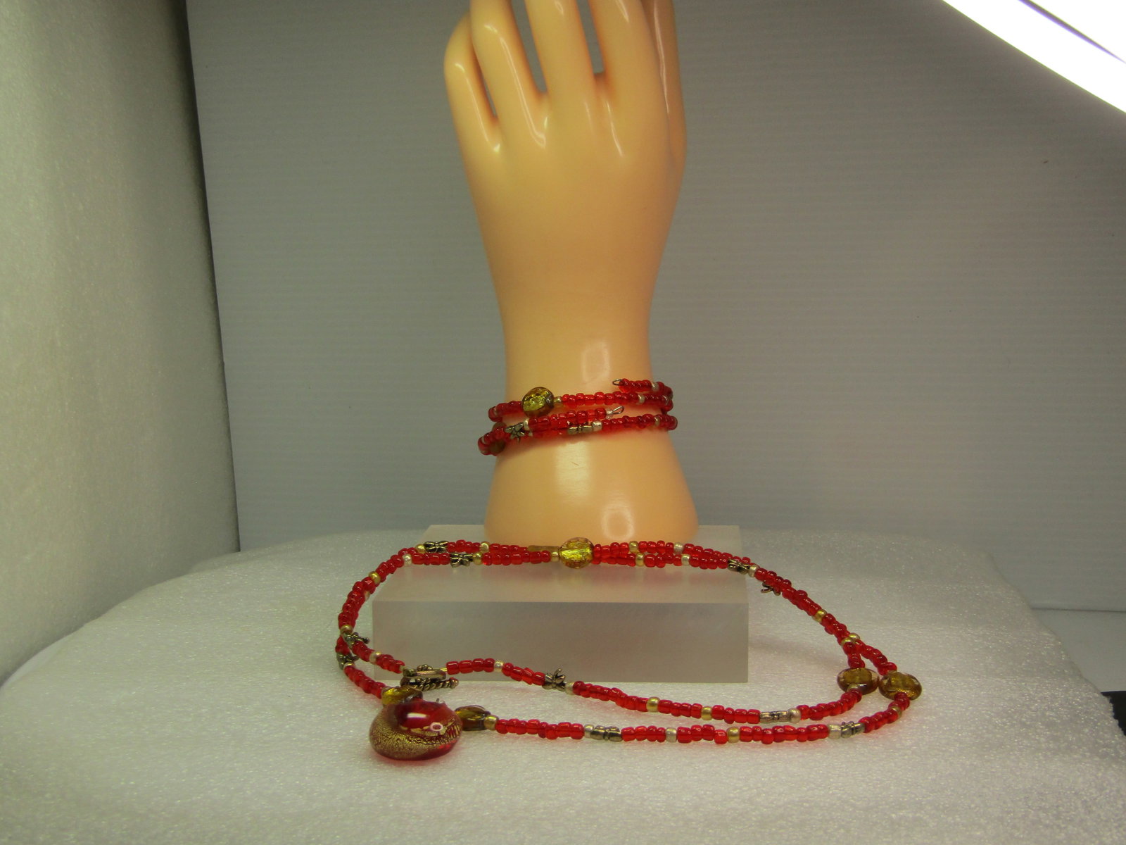 Vintage Red Glass Drop Necklace & Coiled Bracelet Set, 1980's-1990's - 5