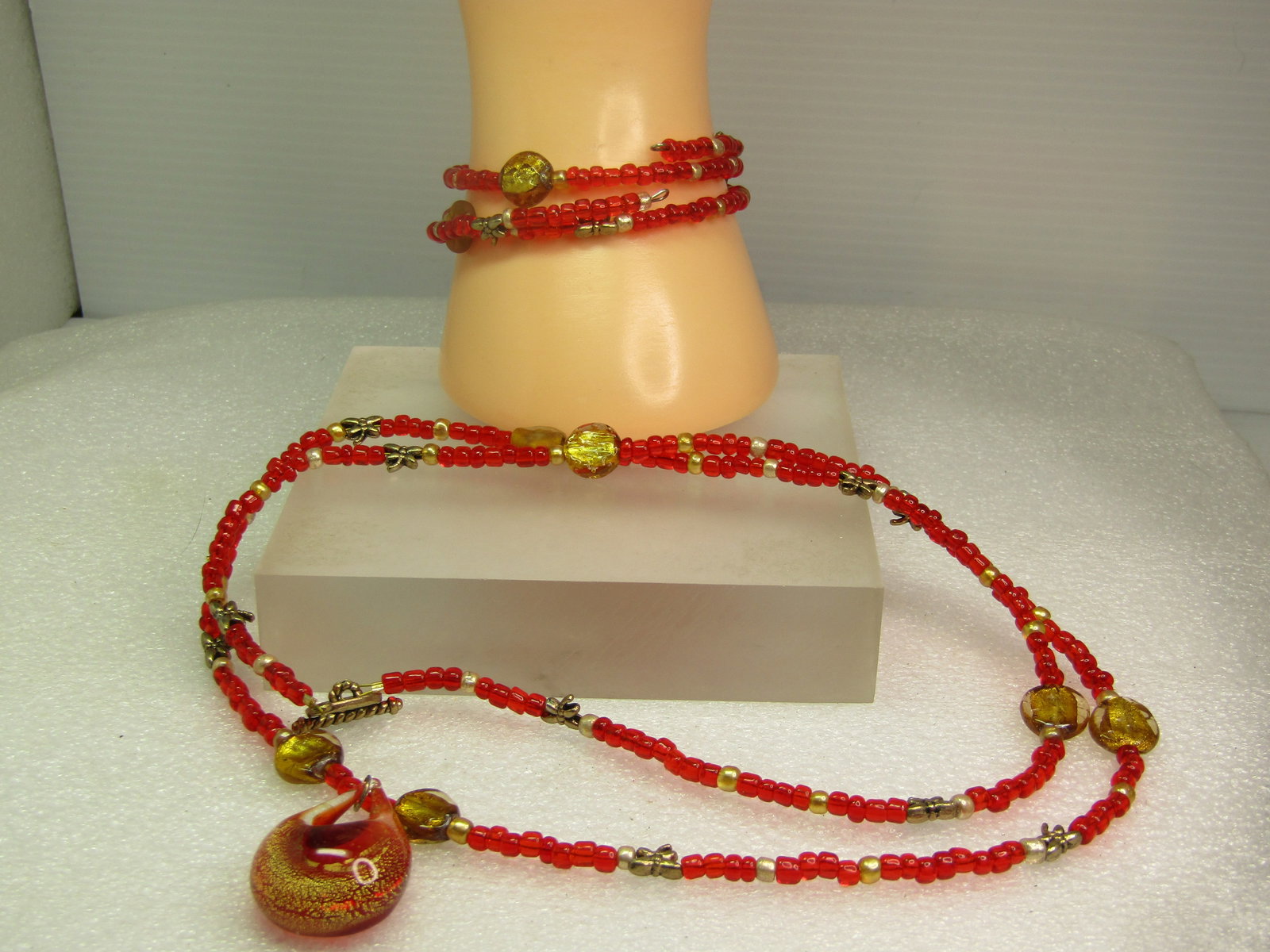 Vintage Red Glass Drop Necklace & Coiled Bracelet Set, 1980's-1990's - 6
