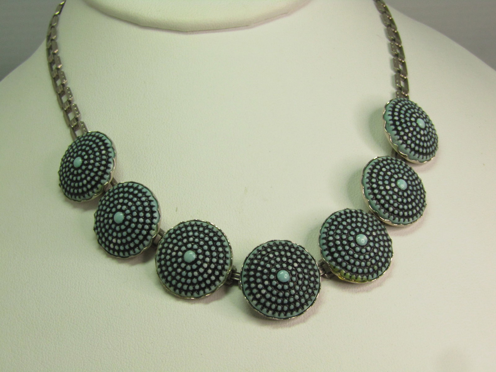 Vintage Pressed Turquoise Glass Tiered Necklace, 15", 1940's - 3