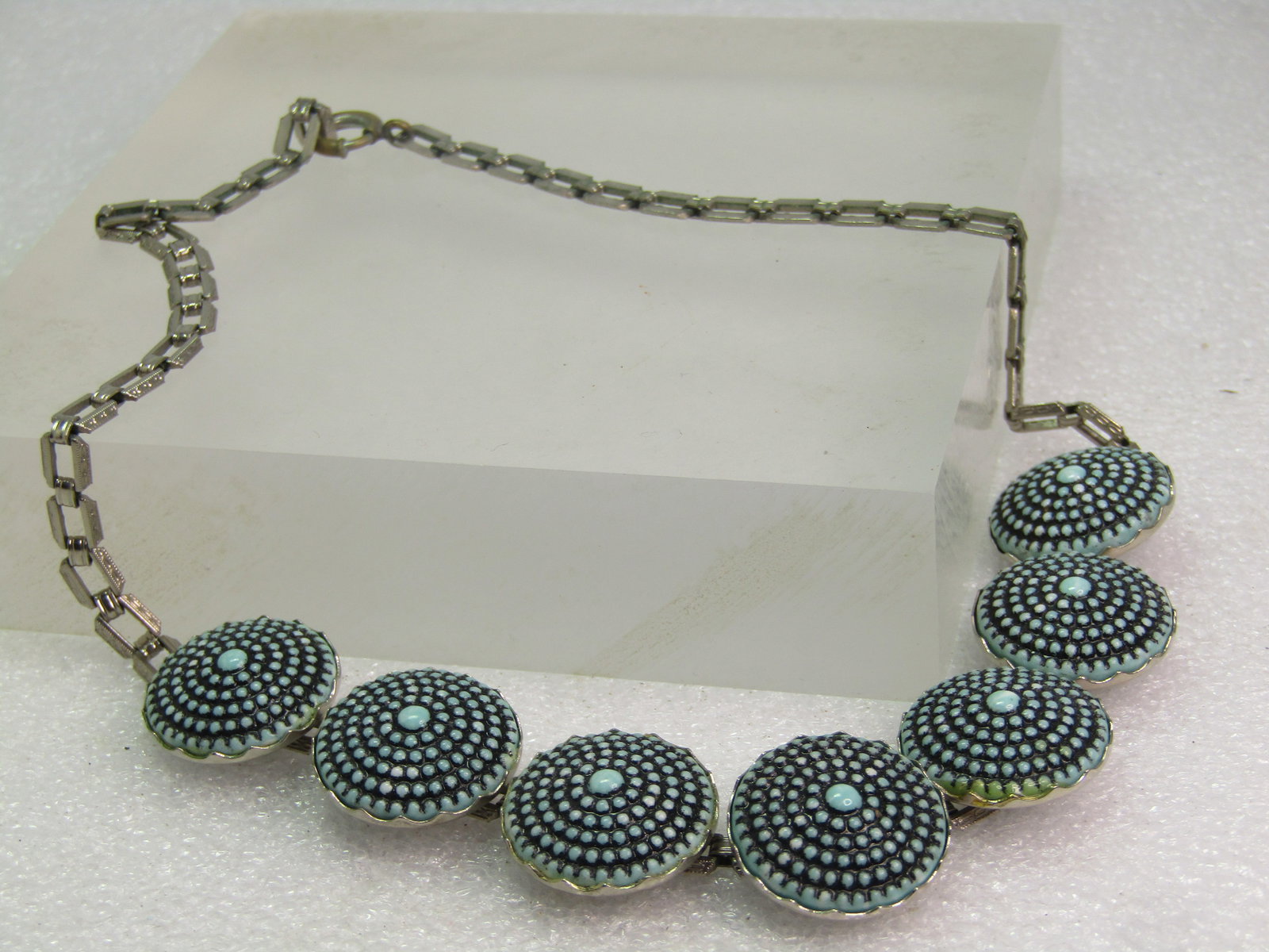 Vintage Pressed Turquoise Glass Tiered Necklace, 15", 1940's - 5