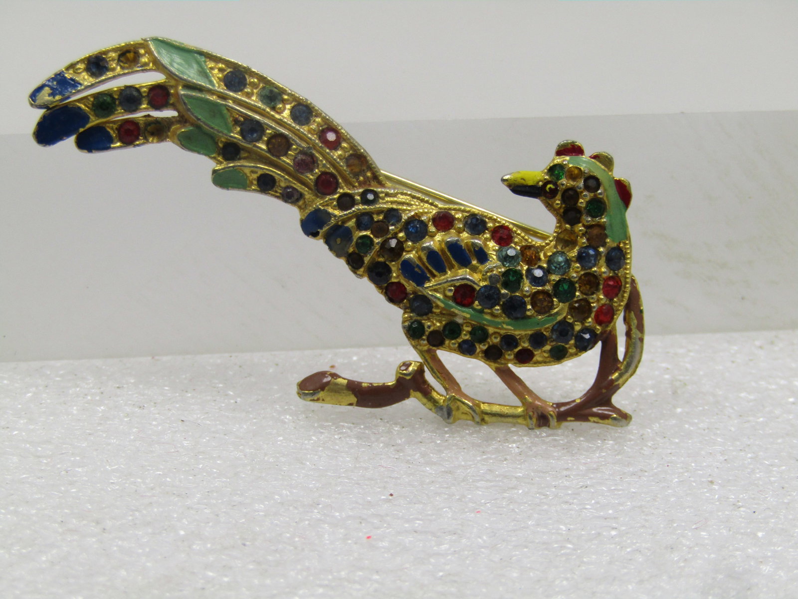 Vintage Enameled Rhinestone Bird Brooch, on Branch, 1940's-1950's (1 of 5)