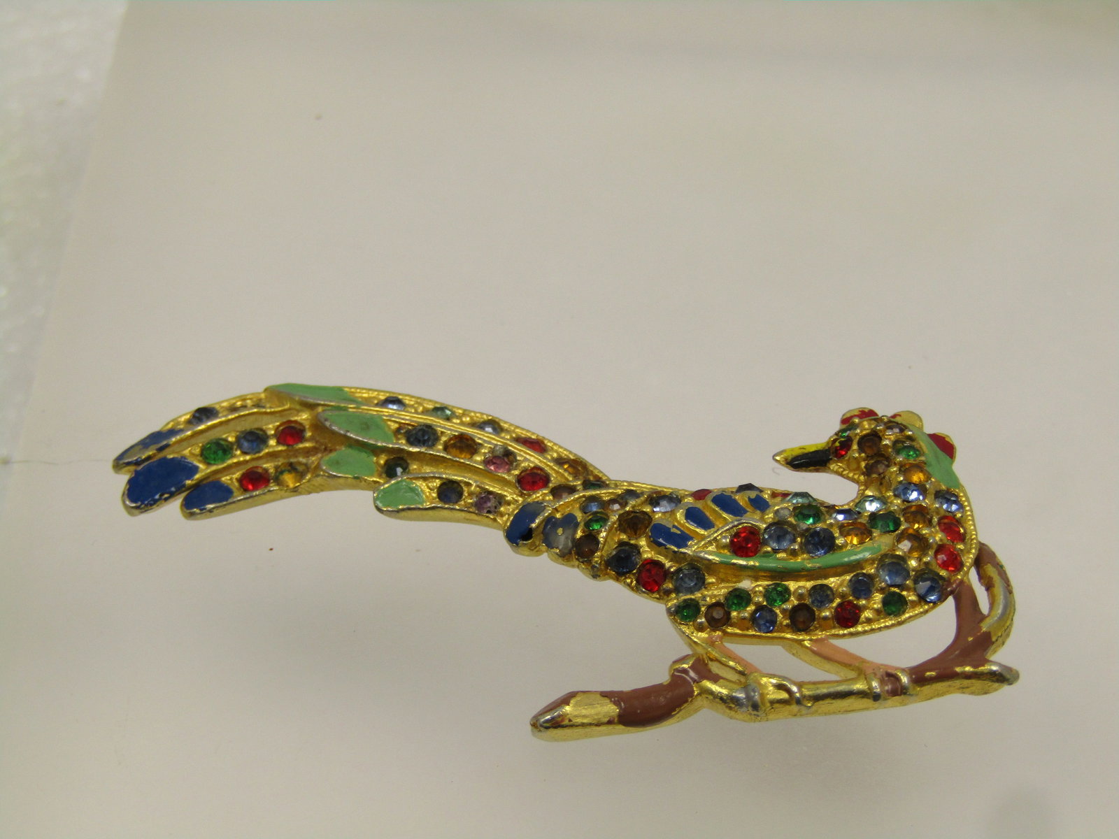 Vintage Enameled Rhinestone Bird Brooch, on Branch, 1940's-1950's - 2