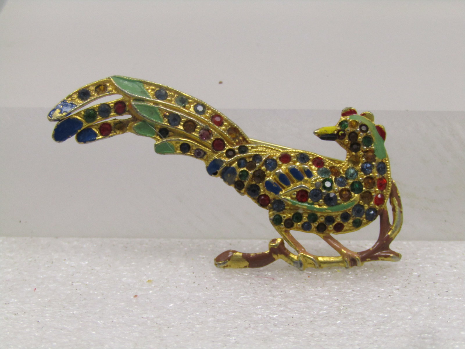Vintage Enameled Rhinestone Bird Brooch, on Branch, 1940's-1950's - 4