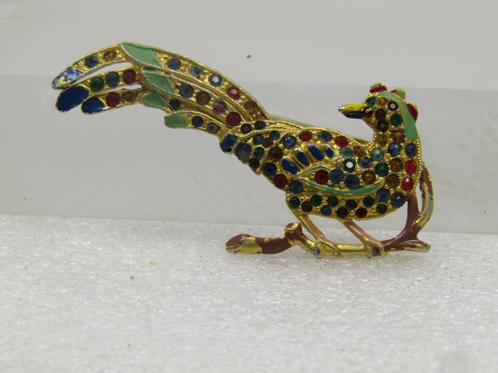 Vintage Enameled Rhinestone Bird Brooch, on Branch, 1940's-1950's - 5