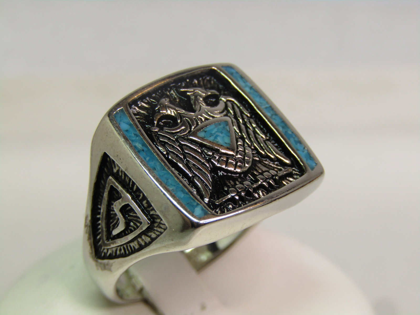Silver Tone Masonic 32 Ring, Sz. 10, Turquoise Chips. 1990's - 2