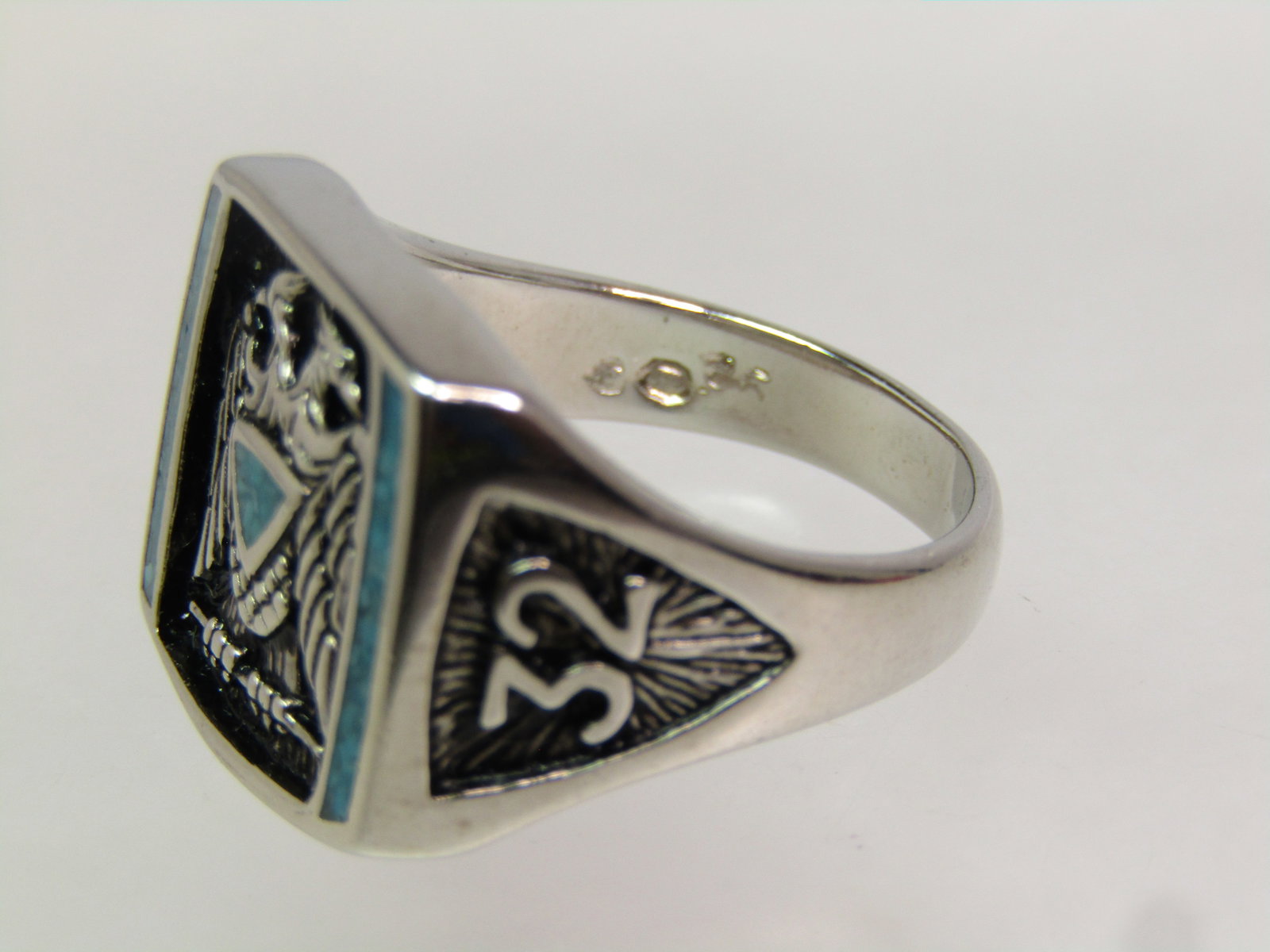 Silver Tone Masonic 32 Ring, Sz. 10, Turquoise Chips. 1990's - 5