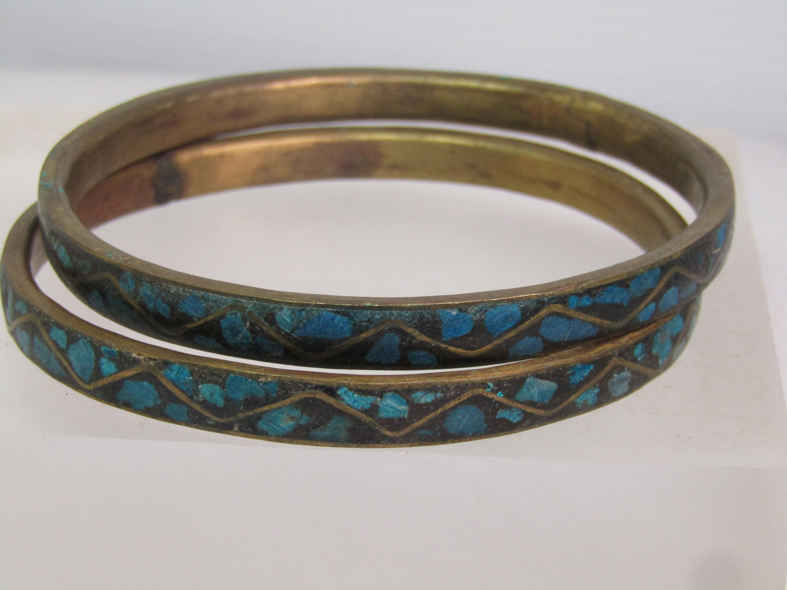 Vintage Pair Brass Inlaid Turquoise Chip Bangle Bracelets, 8.75", 1960's - 2