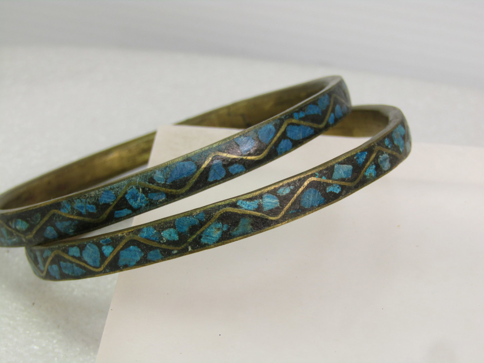 Vintage Pair Brass Inlaid Turquoise Chip Bangle Bracelets, 8.75", 1960's - 3