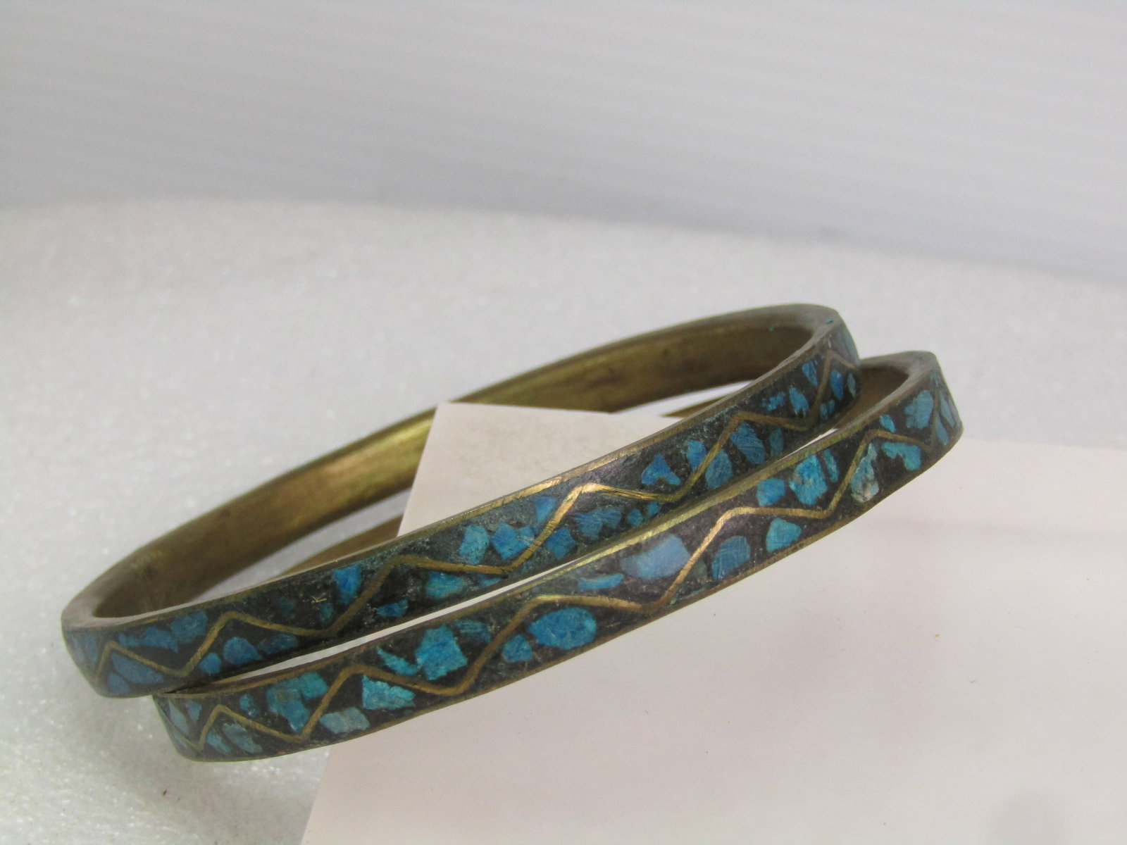 Vintage Pair Brass Inlaid Turquoise Chip Bangle Bracelets, 8.75", 1960's - 4