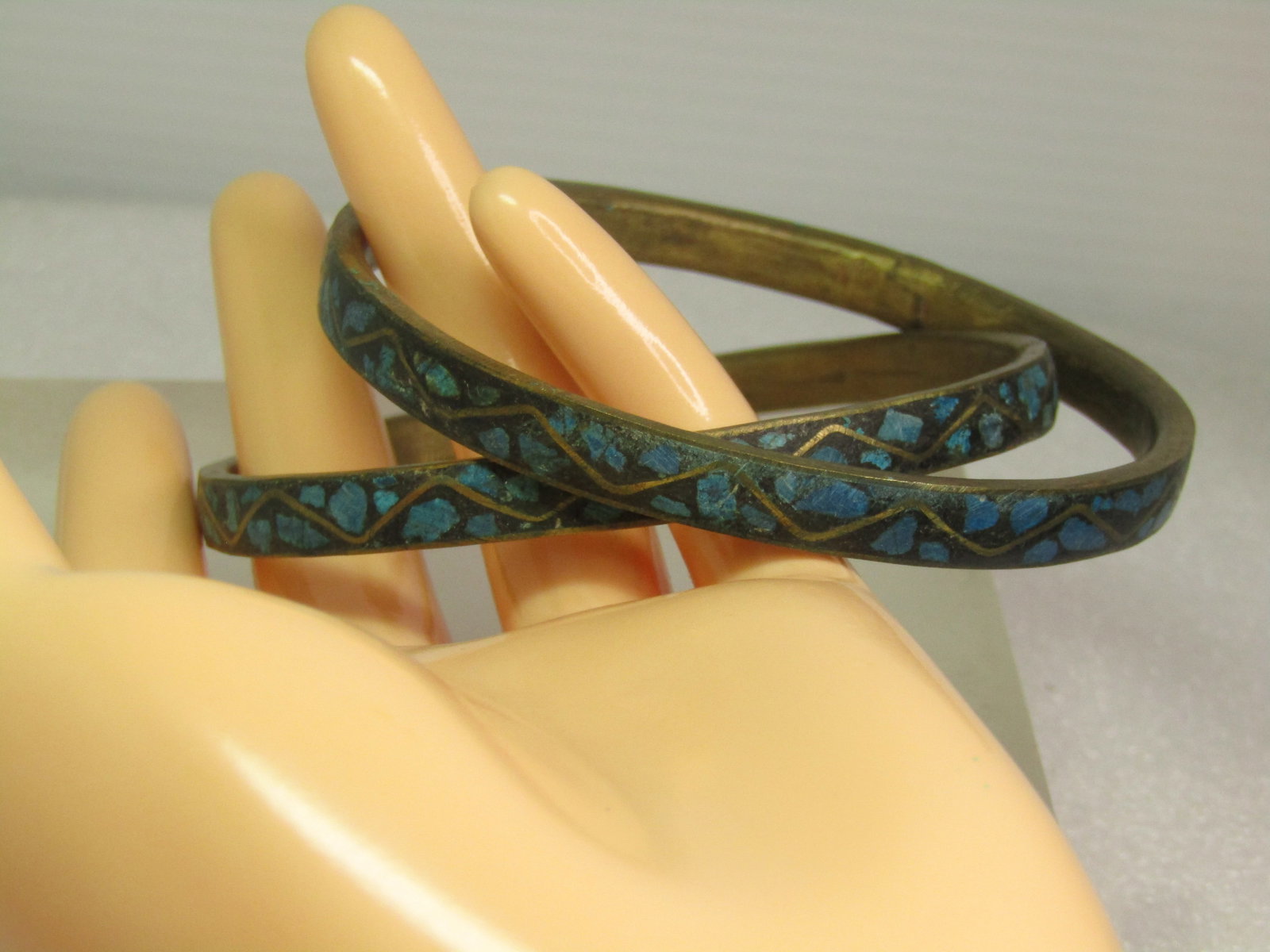 Vintage Pair Brass Inlaid Turquoise Chip Bangle Bracelets, 8.75", 1960's - 5