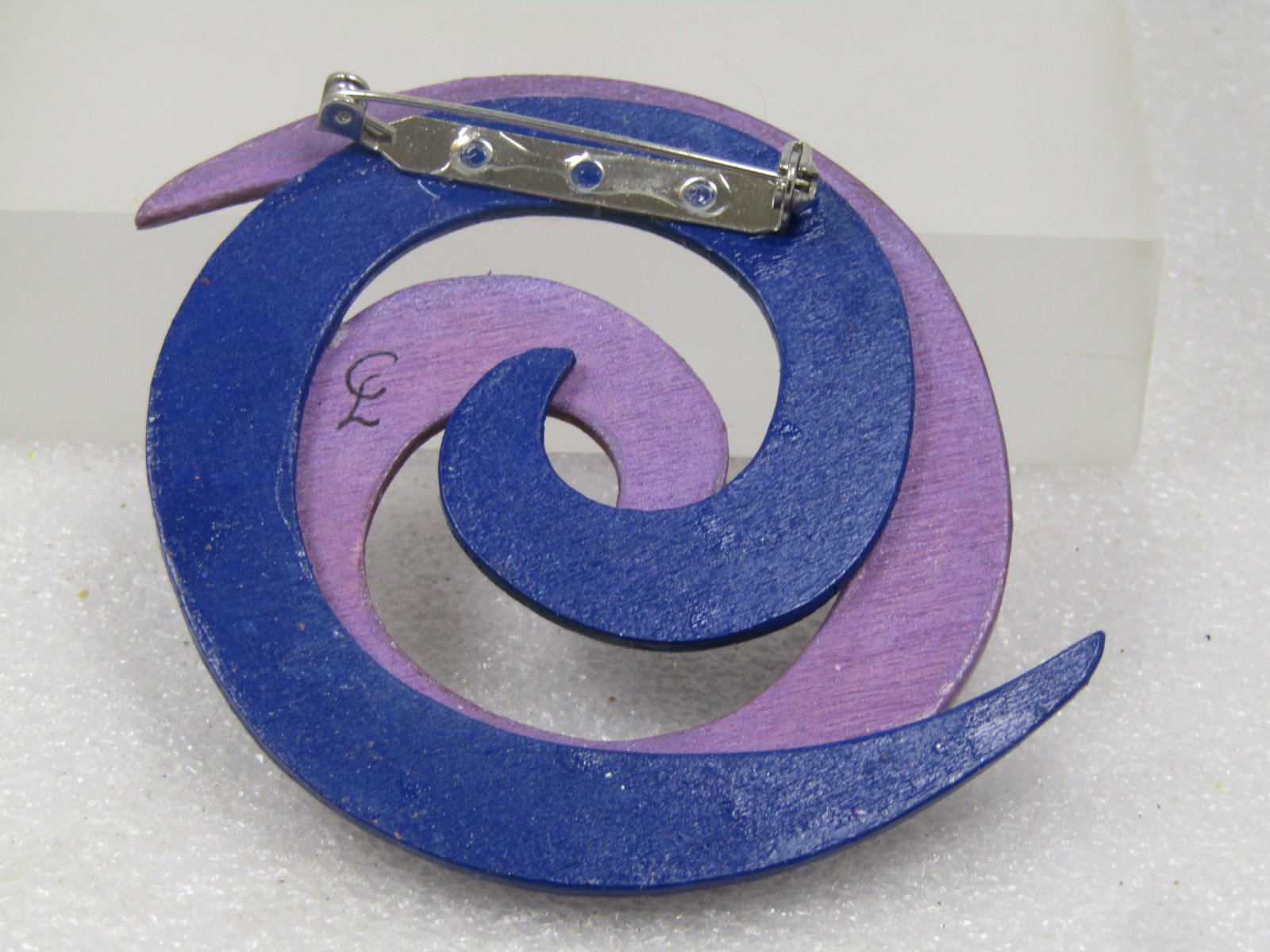 Vintage Blue/Lavender Sprial Brooch, Wooden, Handmade, 3.25" - 5