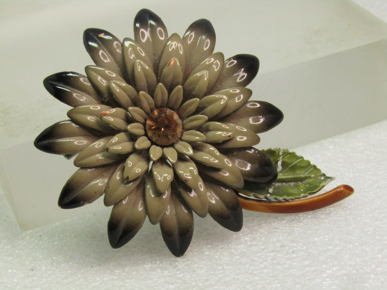 Vintage Taupe/Black Enameled Blossom Stem Brooch, RS Center, 1960's - 2