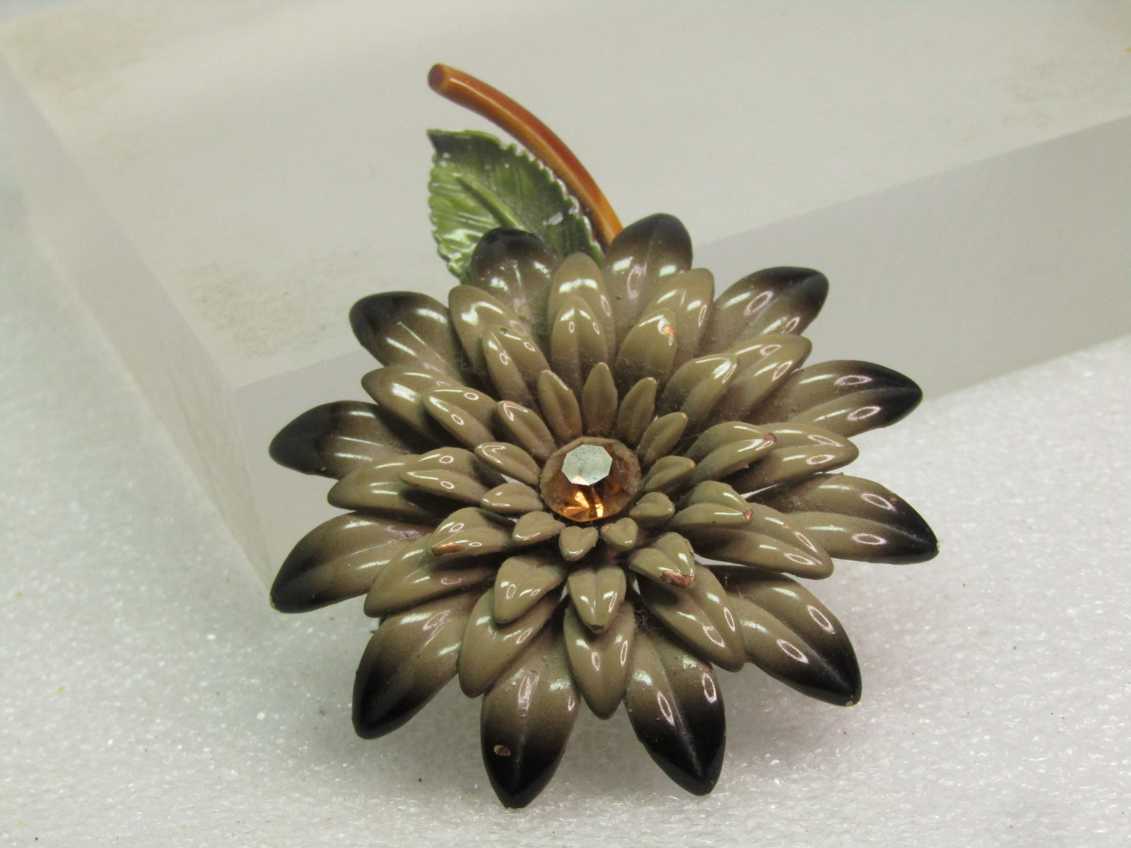 Vintage Taupe/Black Enameled Blossom Stem Brooch, RS Center, 1960's - 3