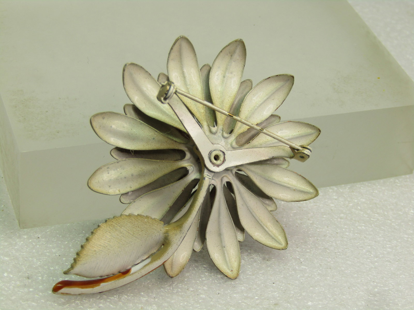 Vintage Taupe/Black Enameled Blossom Stem Brooch, RS Center, 1960's - 4