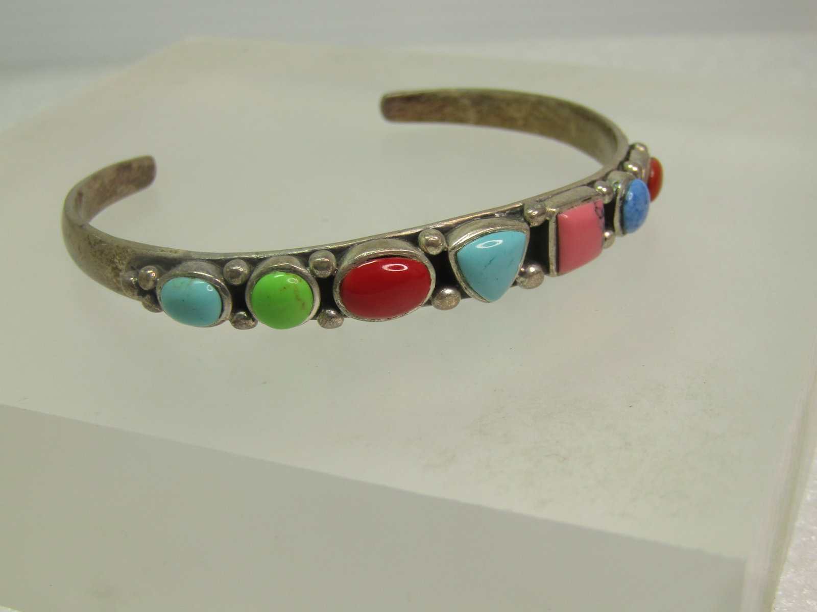 Vintage Sterling Southwestern Cuff Bracelet, 6.5 Faux Turquoise & More, 1980's - 2