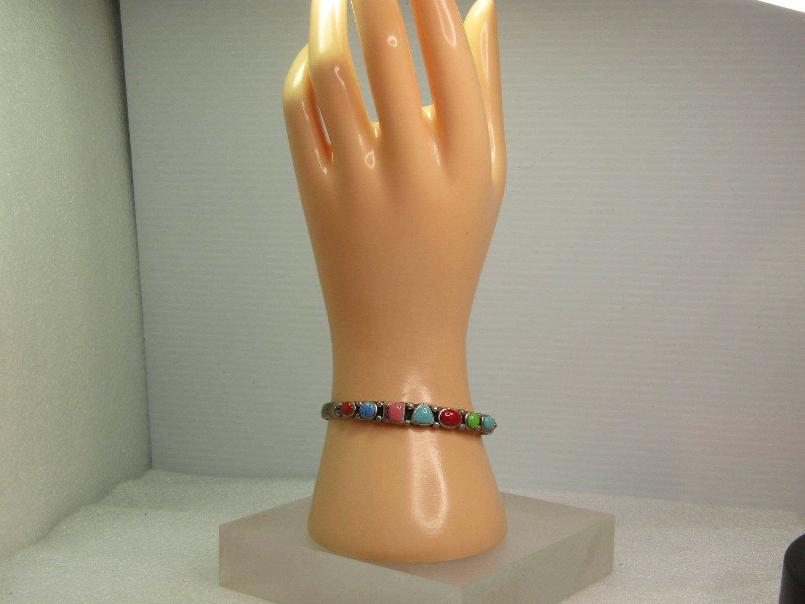 Vintage Sterling Southwestern Cuff Bracelet, 6.5 Faux Turquoise & More, 1980's - 7