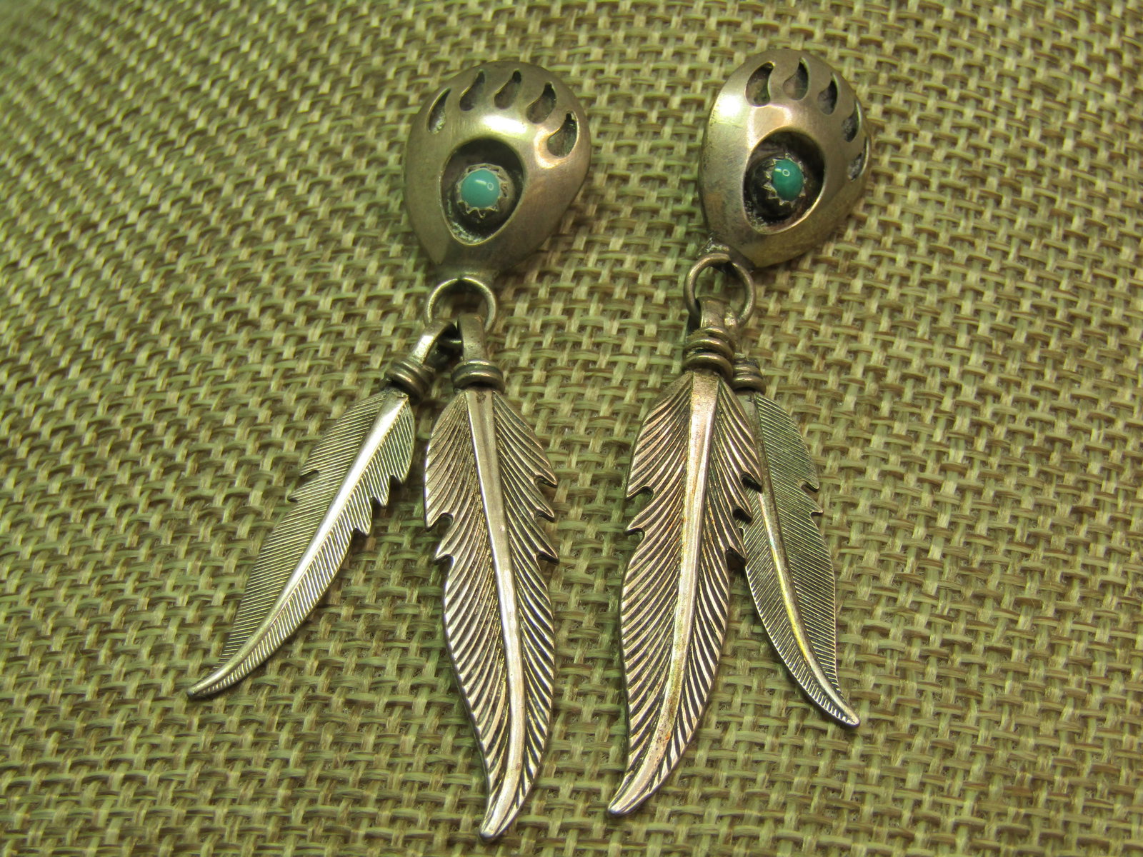 Vintage Sterling Southwestern Turquoise Bear Paw Earrings, Drop Feathers, On Card, 1970's-1980's - 2
