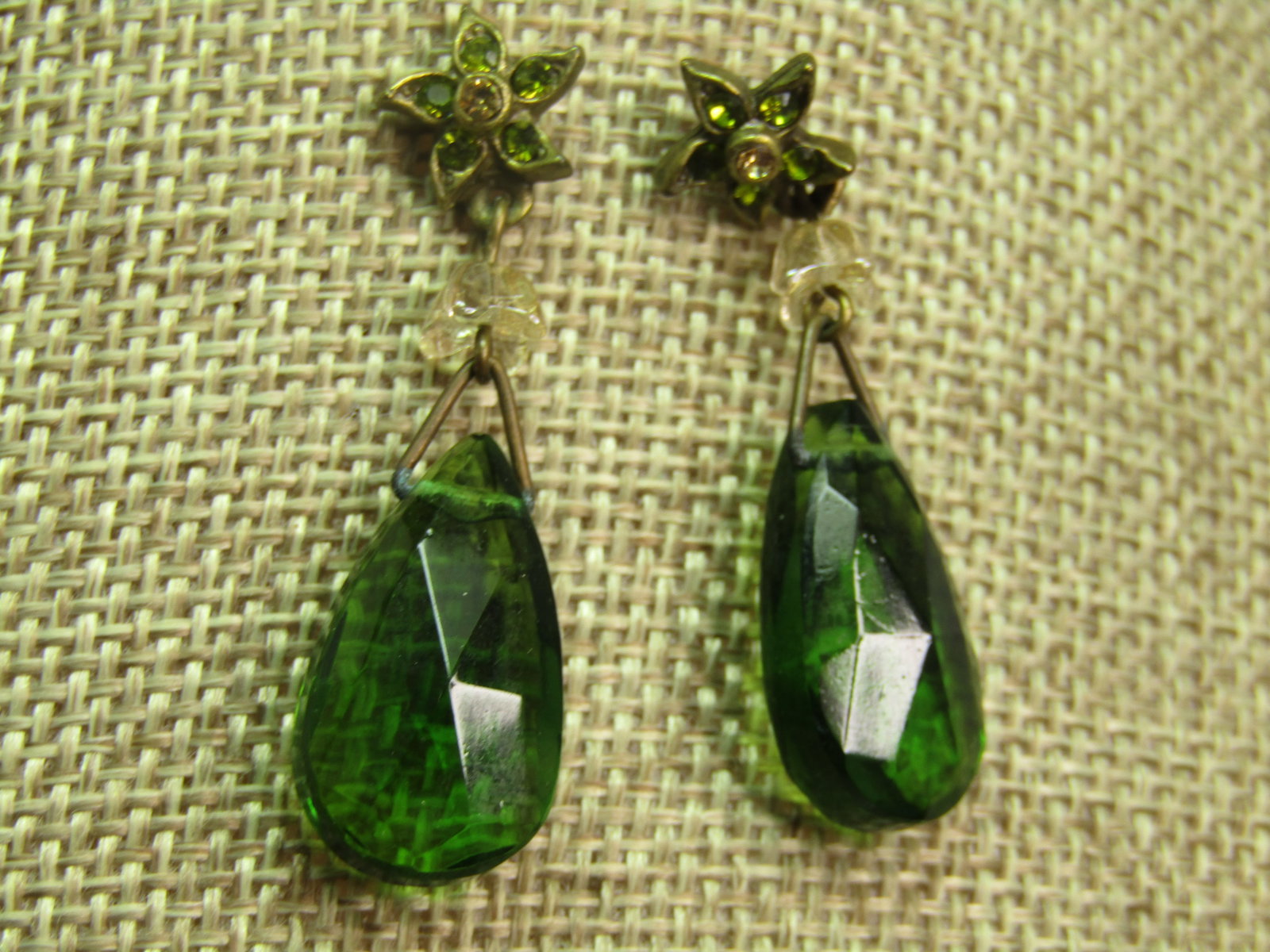 Vintage Green Glass Drop Earrings Rhinestone Stud. Pierced. 1960's-1970's - 2