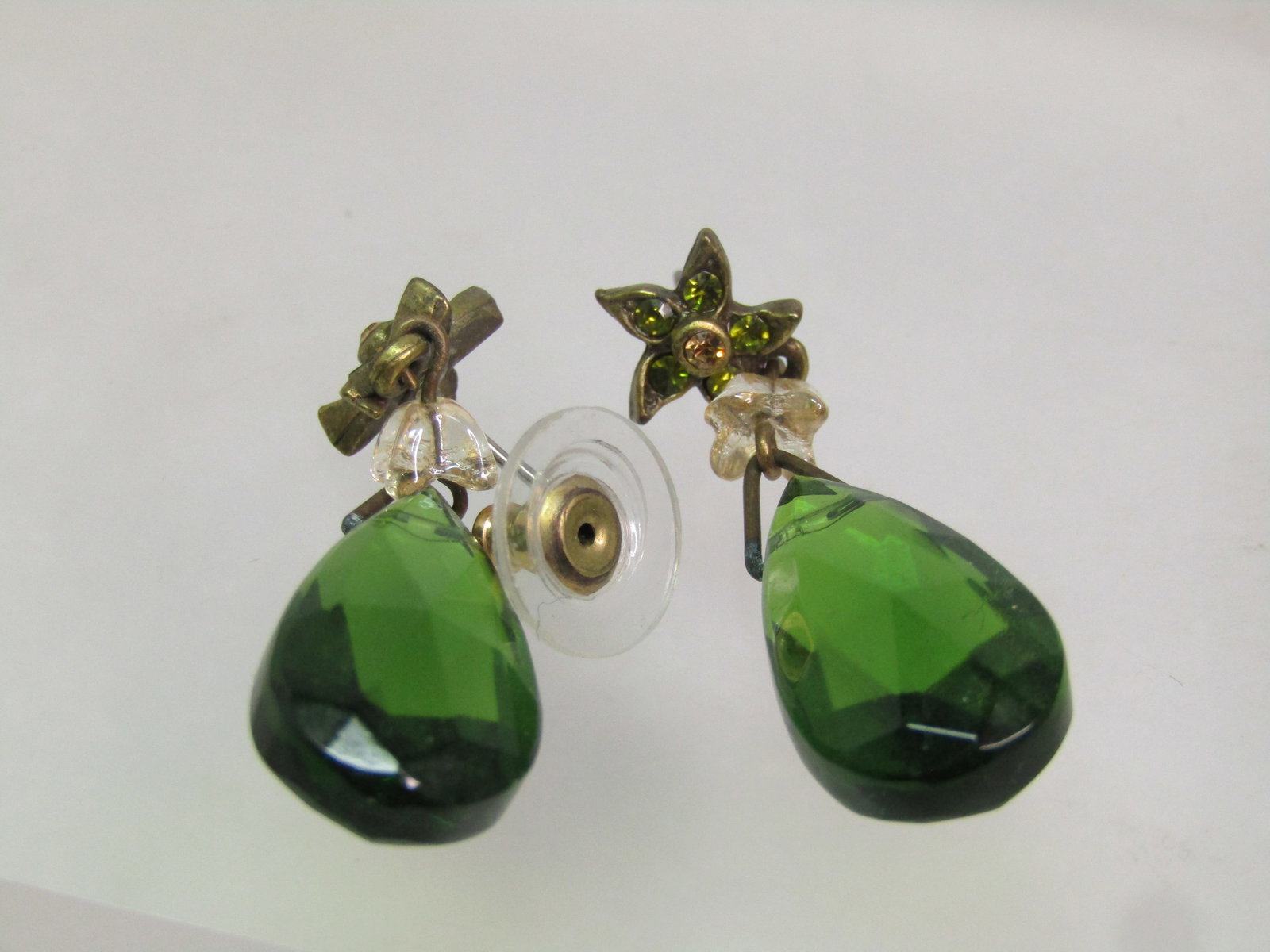 Vintage Green Glass Drop Earrings Rhinestone Stud. Pierced. 1960's-1970's - 5