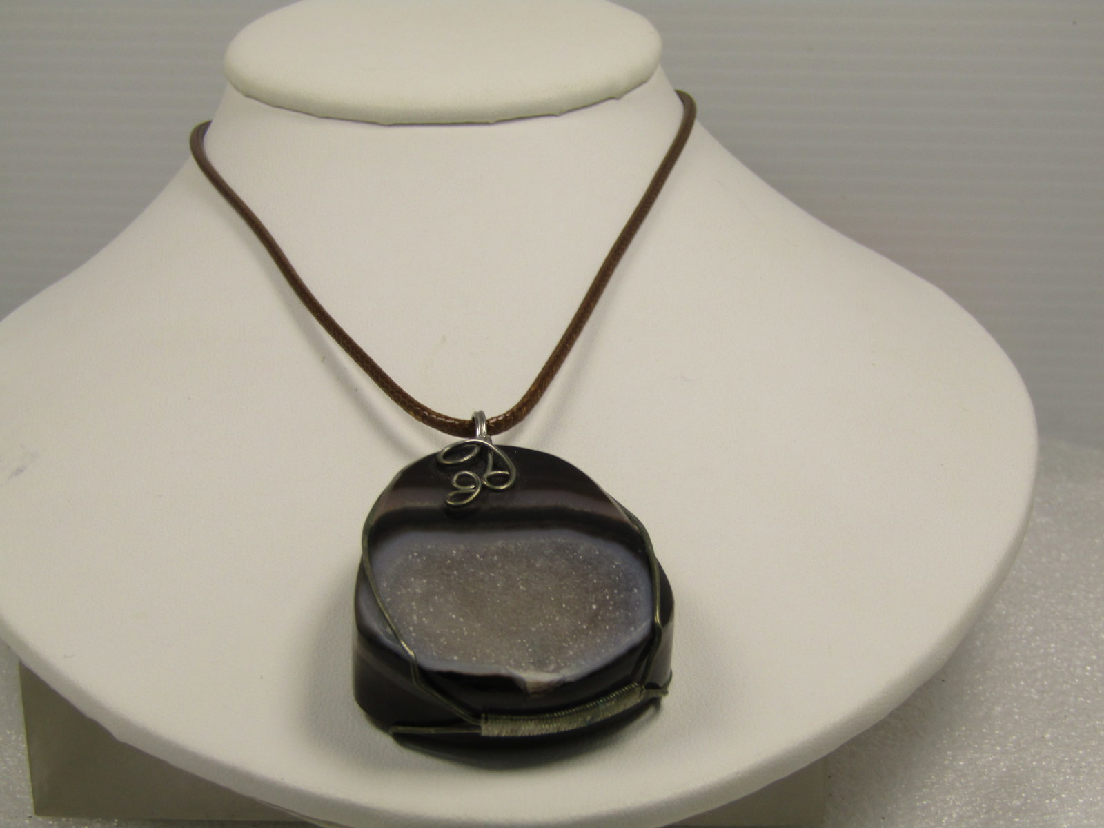 Brown Montana Druzy Agate Pendant on Brown Cord Necklace, 18"-20", 1980's-1990's - 2