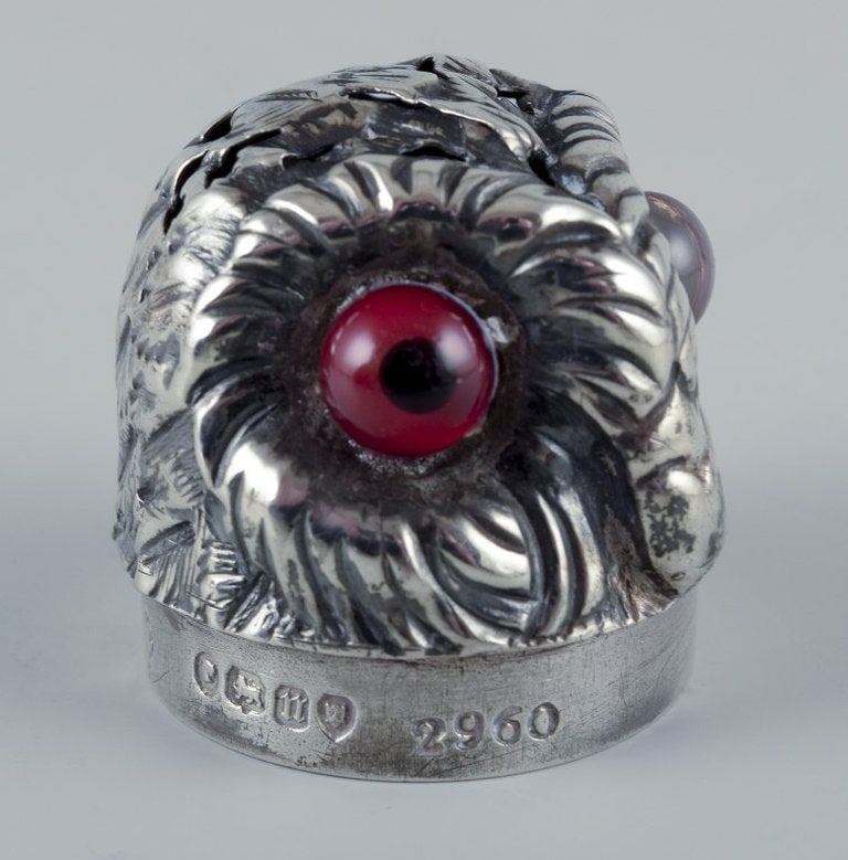 Edward Charles Brown. Rare set of silver salt and pepper shakers shaped like owls with inserted red - 6