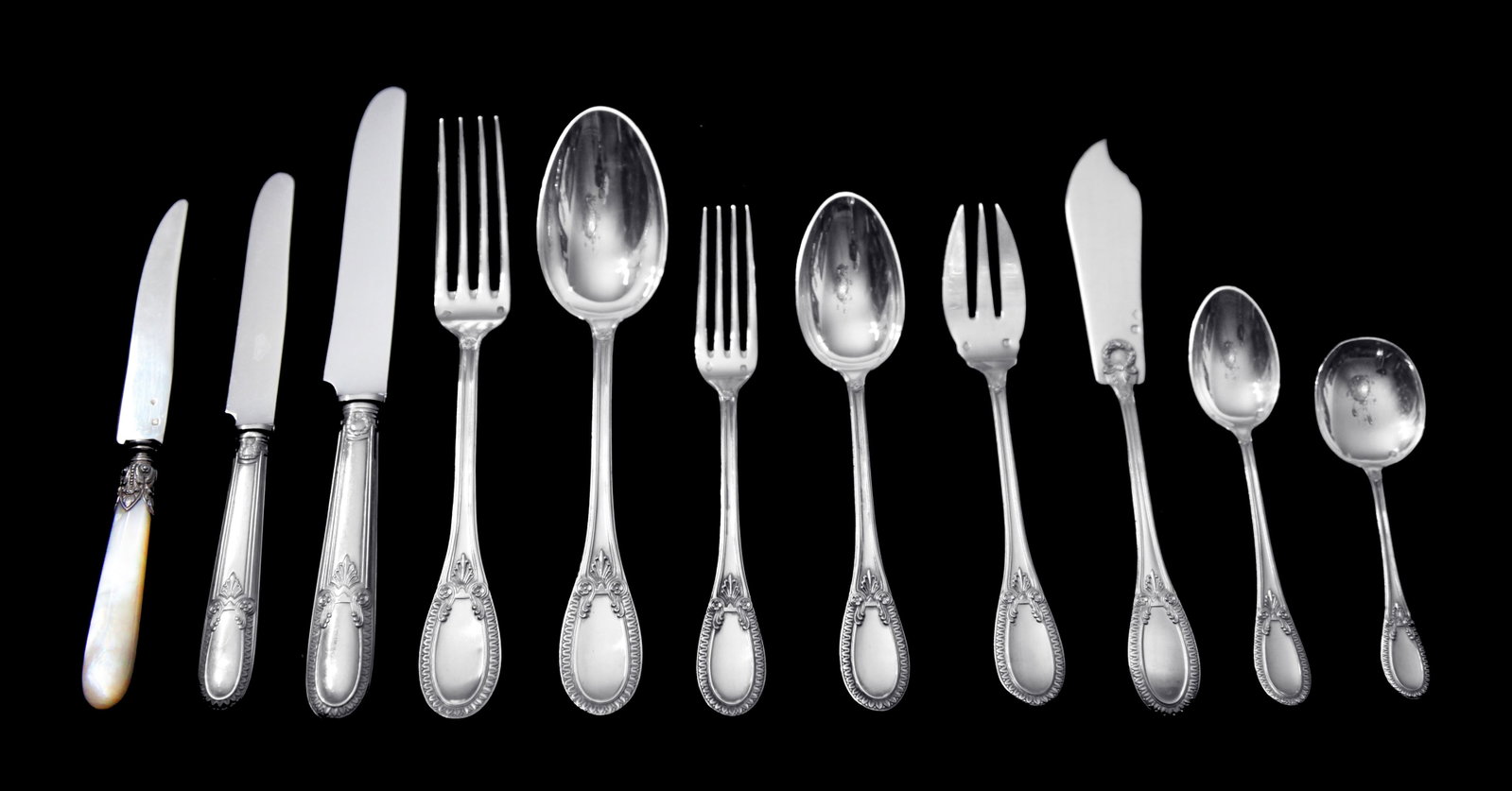 HENIN - 138pc LOUIS XVI ANTIQUE FRENCH 950 STERLING SILVER FLATWARE SET: Title: HENIN - 138pc LOUIS XVI ANTIQUE FRENCH 950 STERLING SILVER FLATWARE SET Description:Direct from a Private Chateau in France, A Stunning 138pc. Privately Commissioned Louis XVI Sterling Silver F