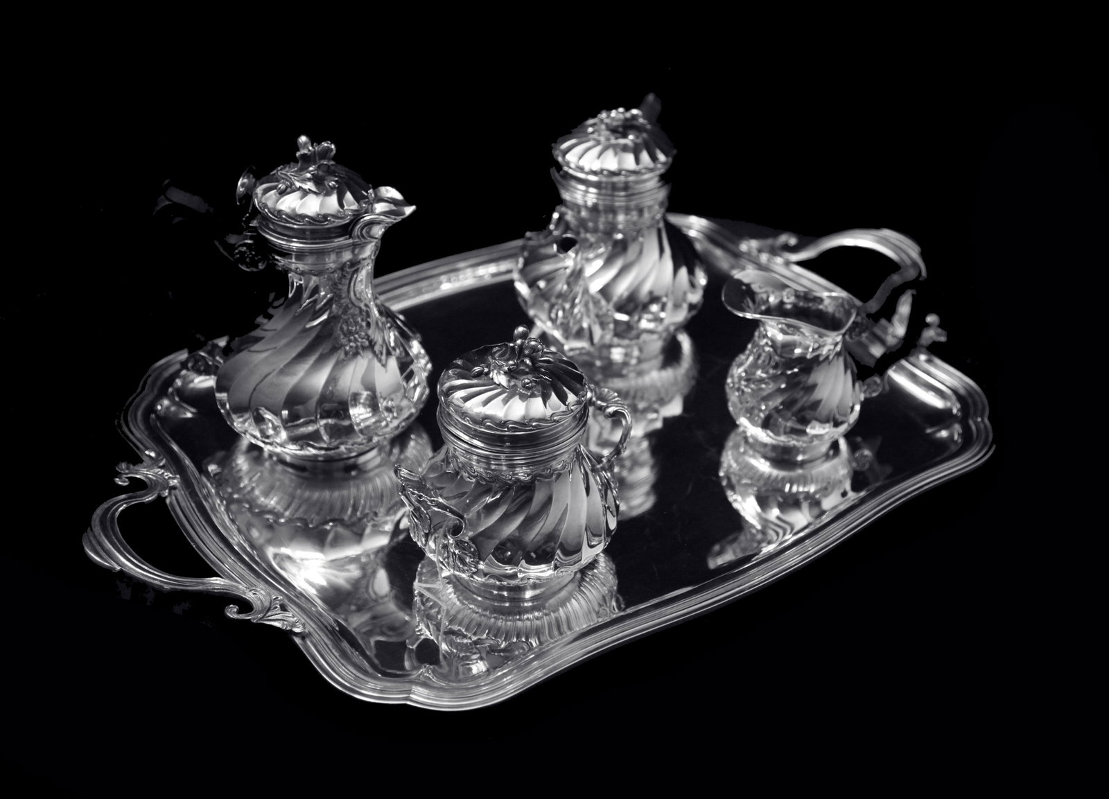 Christofle (Cardeilhac) - 4pc. Antique French Louis XVISterling Silver Tea Set + Serving Tray !: Title: Christofle (Cardeilhac) - 4pc. Antique French Louis XVISterling Silver Tea Set + Serving Tray ! Description:Direct from Paris, a stunning 4pc. antique French sterling silver tea set, Louis XVI 