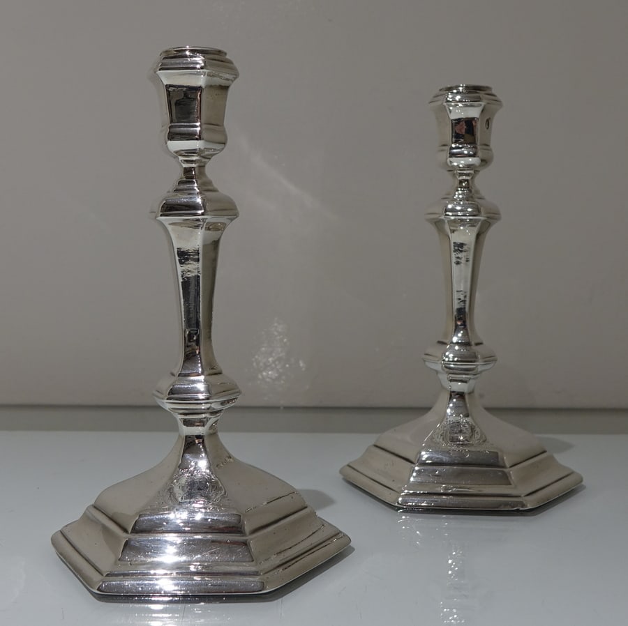 Early 18th Century Antique George I Britannia Silver Pair Hexagonal Candlesticks London 1717 Thomas - 2