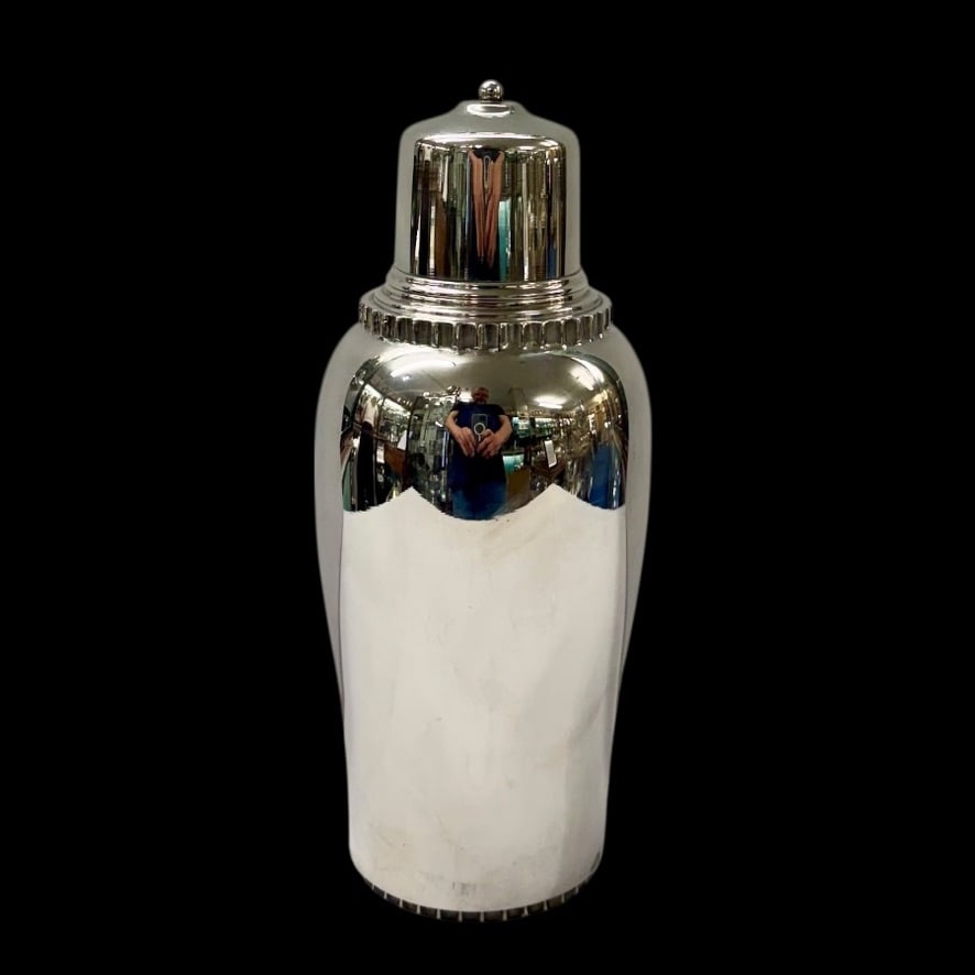 Early 20th Century Silver Danish Cocktail Shaker Circa 1930: Title:Early 20th Century Silver Danish Cocktail Shaker Circa 1930 Description:Description Ultra stylish silver cocktail shaker designed with beautiful subtle lines and two bands of eye catching cast s