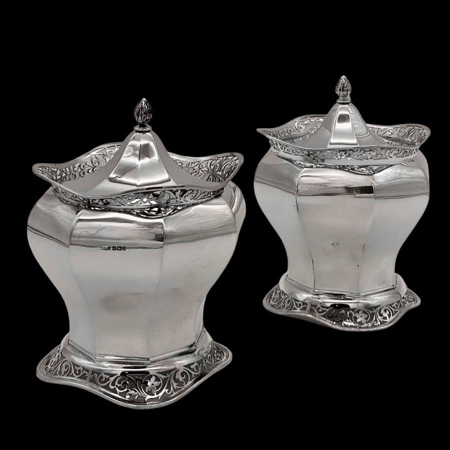 Early 20th Century Antique Edwardian Pair Silver Biscuit Boxes Sheffield 1908 James Dixon & Sons - 2