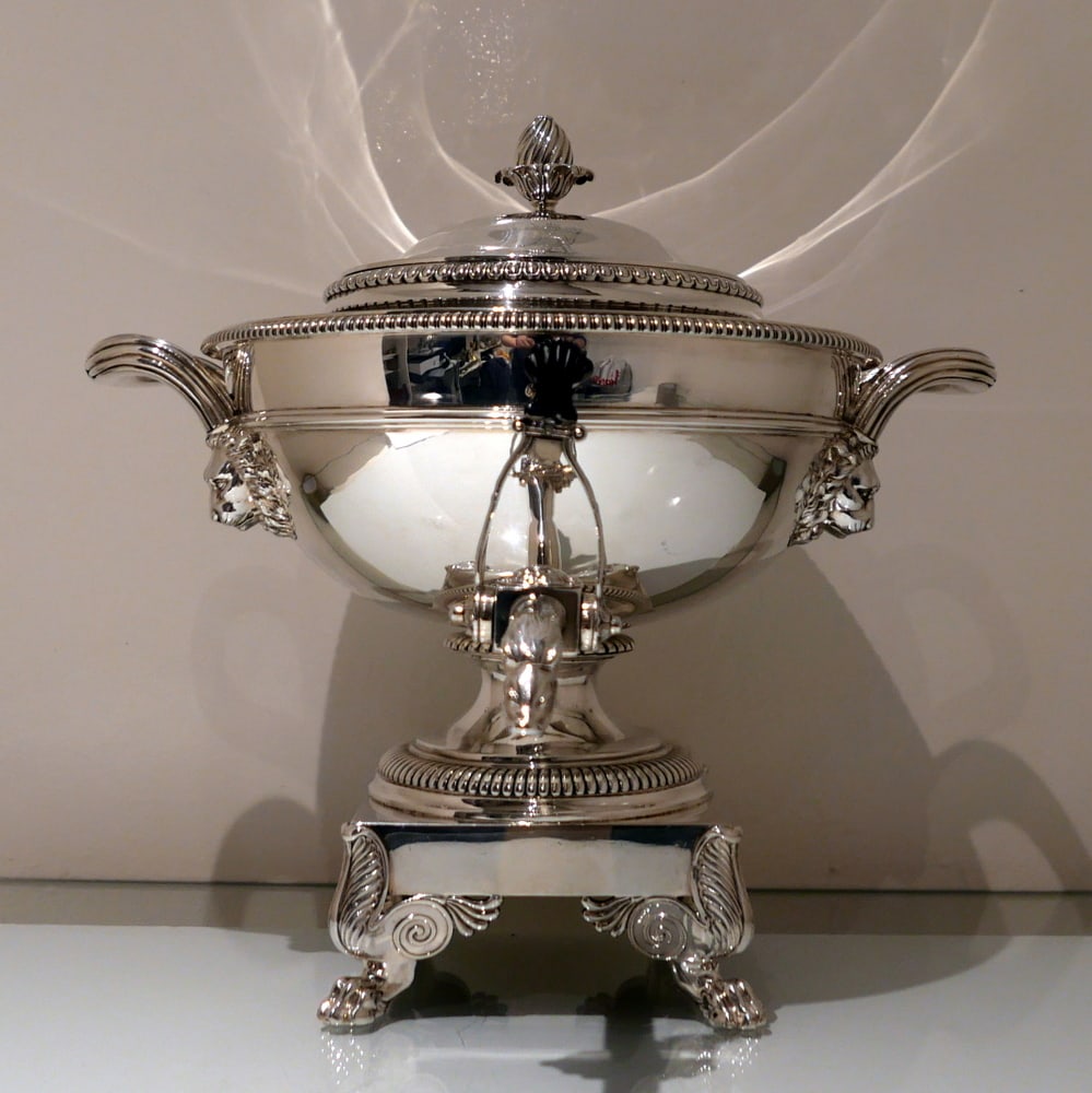 Early 19th Century Antique George III Sterling Silver Tea Urn London 1813 Paul Storr: Title:Early 19th Century Antique George III Sterling Silver Tea Urn London 1813 Paul Storr Description:Description A truly stunning silver hemispherical tea urn decorated with gadroon borders for high