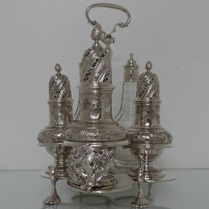 Antique Mid 18th Century George II Sterling Silver Warwick Cruet London 1744 George Hindmarsh: Title:Antique Mid 18th Century George II Sterling Silver Warwick Cruet London 1744 George Hindmarsh Description:Description A very rare five condiment Warwick cruet, the salt, pepper and sugar caster 