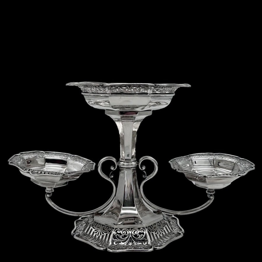 Early 20th Century Antique Edwardian Sterling Silver Epergne Sheffield 1905 James Dixon & Sons: Title:Early 20th Century Antique Edwardian Sterling Silver Epergne Sheffield 1905 James Dixon & Sons Description:Description Sweet Edwardian sterling silver three basket epergne designed with stylish 